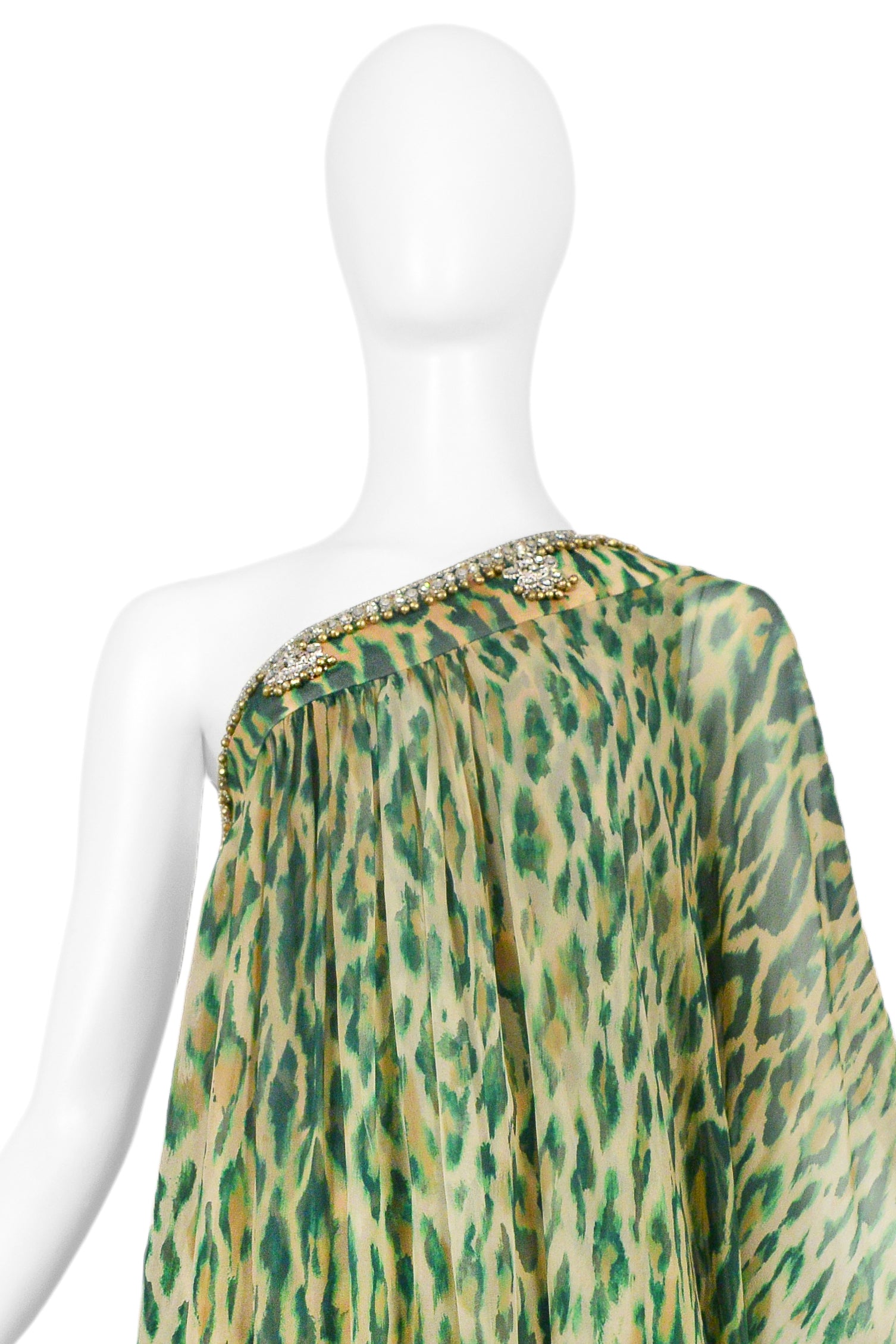 CHRISTIAN DIOR GREEN LEOPARD ONE SHOULDER SARI DRESS 2008