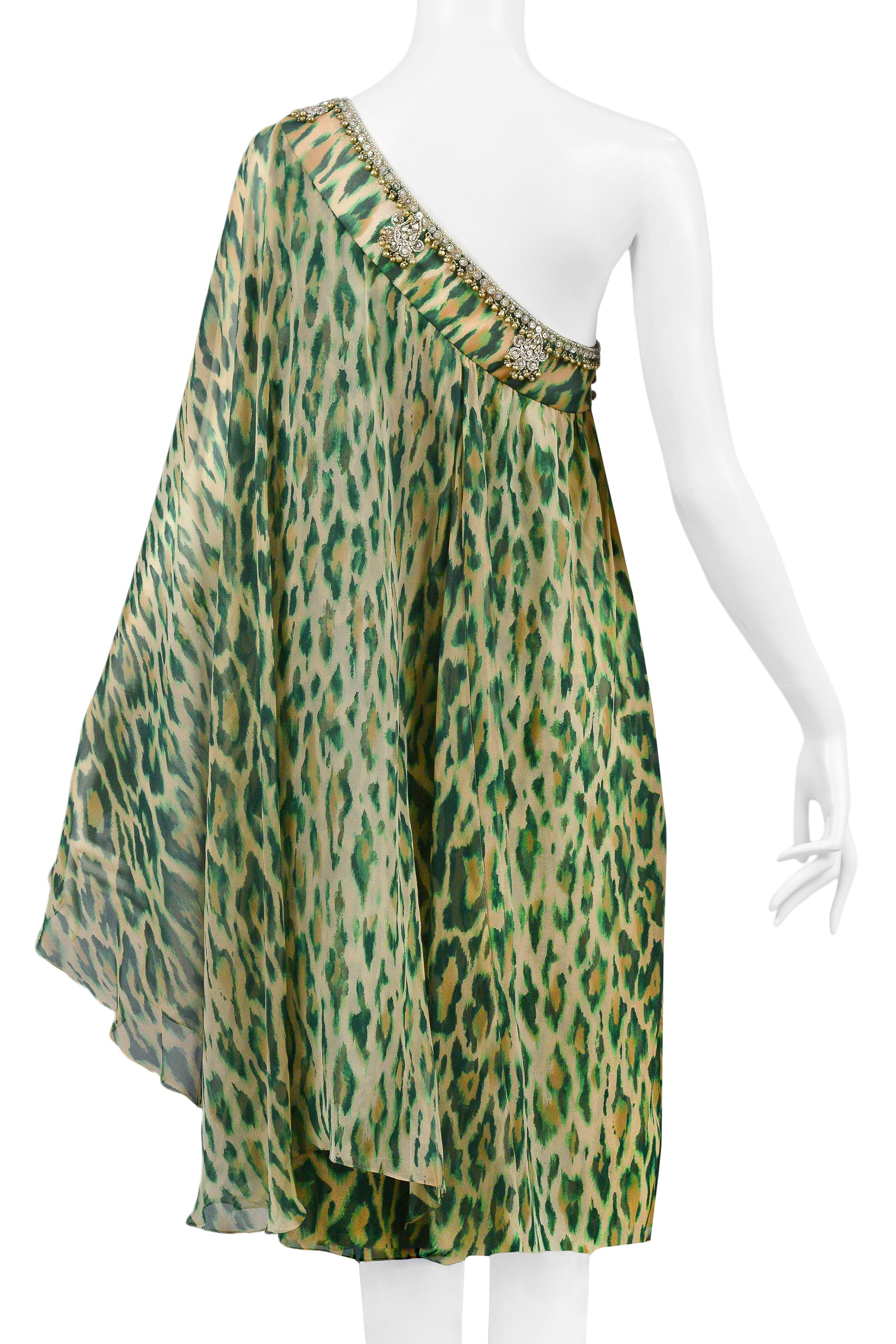 CHRISTIAN DIOR GREEN LEOPARD ONE SHOULDER SARI DRESS 2008