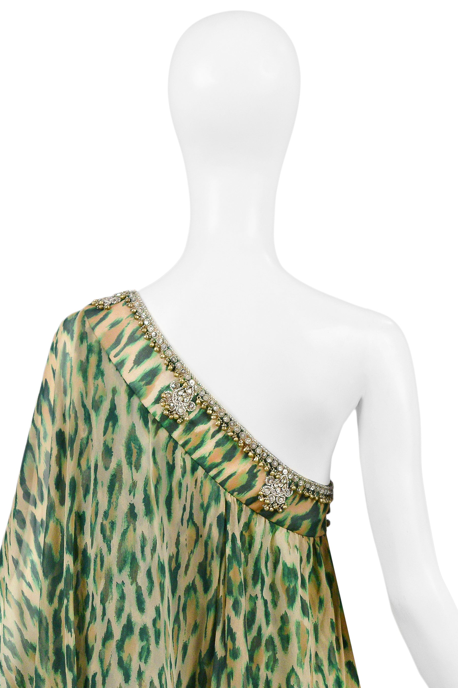 CHRISTIAN DIOR GREEN LEOPARD ONE SHOULDER SARI DRESS 2008