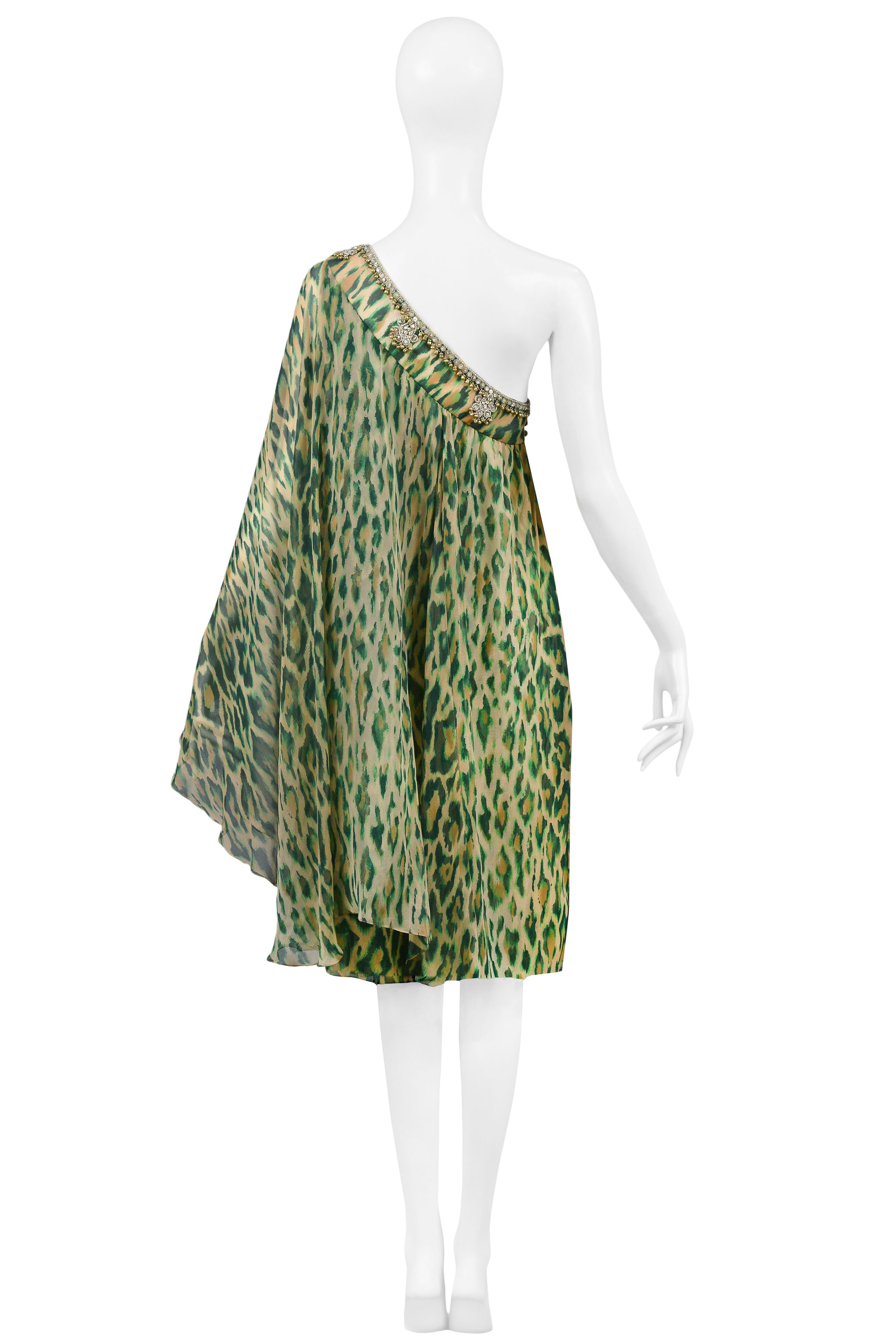 CHRISTIAN DIOR GREEN LEOPARD ONE SHOULDER SARI DRESS 2008