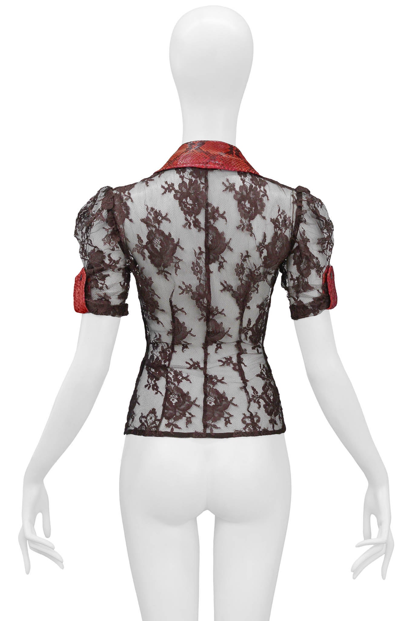 DOLCE & GABBANA BROWN LACE TOP WITH RED PYTHON TRIM 2005