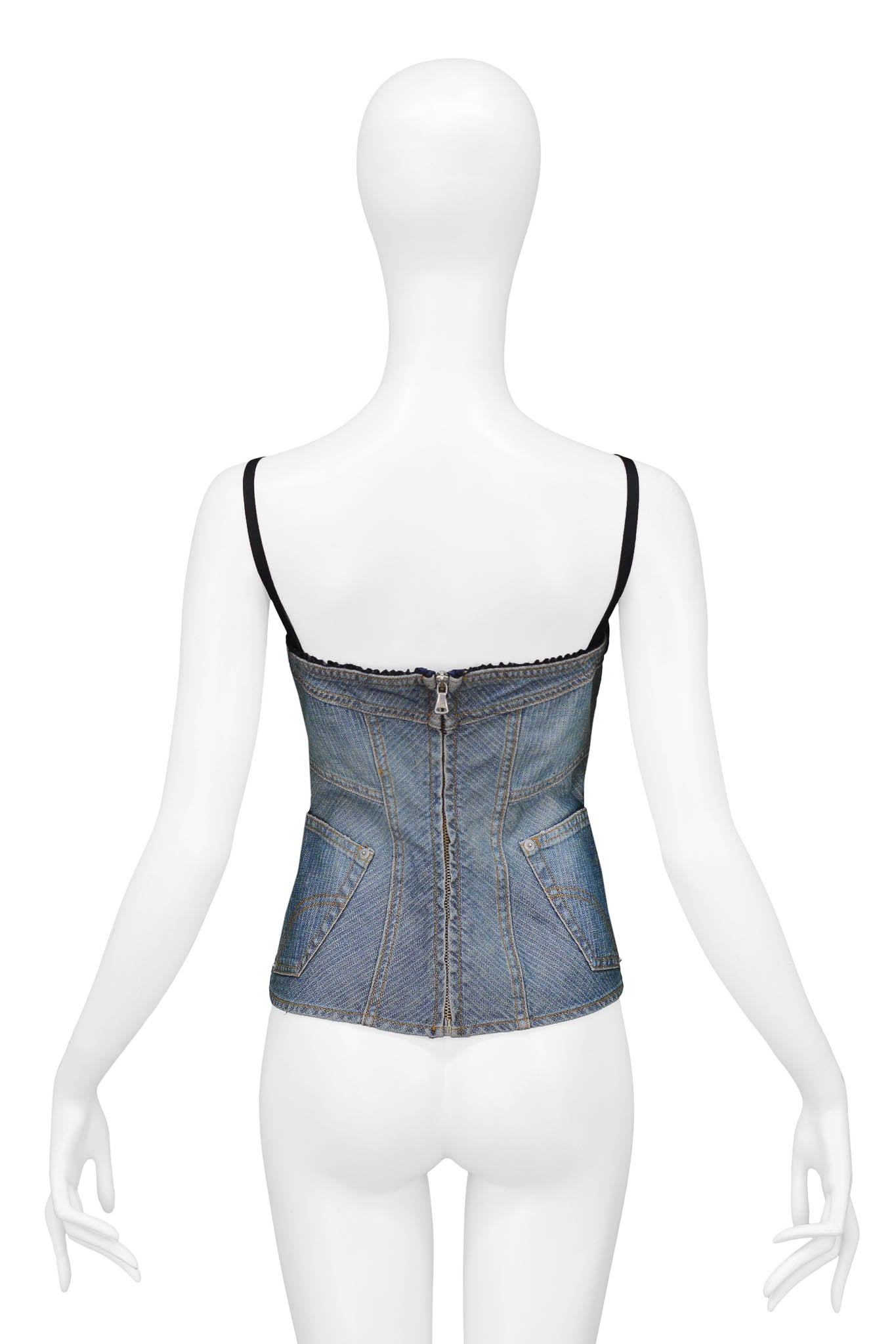 DOLCE & GABBANA JEAN DENIM BUSTIER TOP WITH LACE TRIM