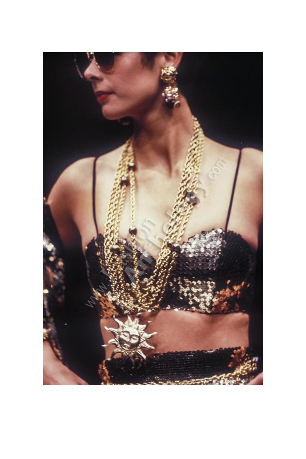MOSCHINO GOLD SEQUIN BOMBER JACKET, BRA & SKIRT 1989