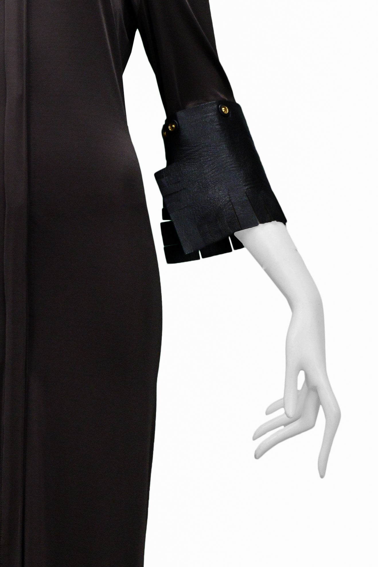 GIANFRANCO FERRE BROWN JERSEY DRESS WITH LEATHER CUFFS