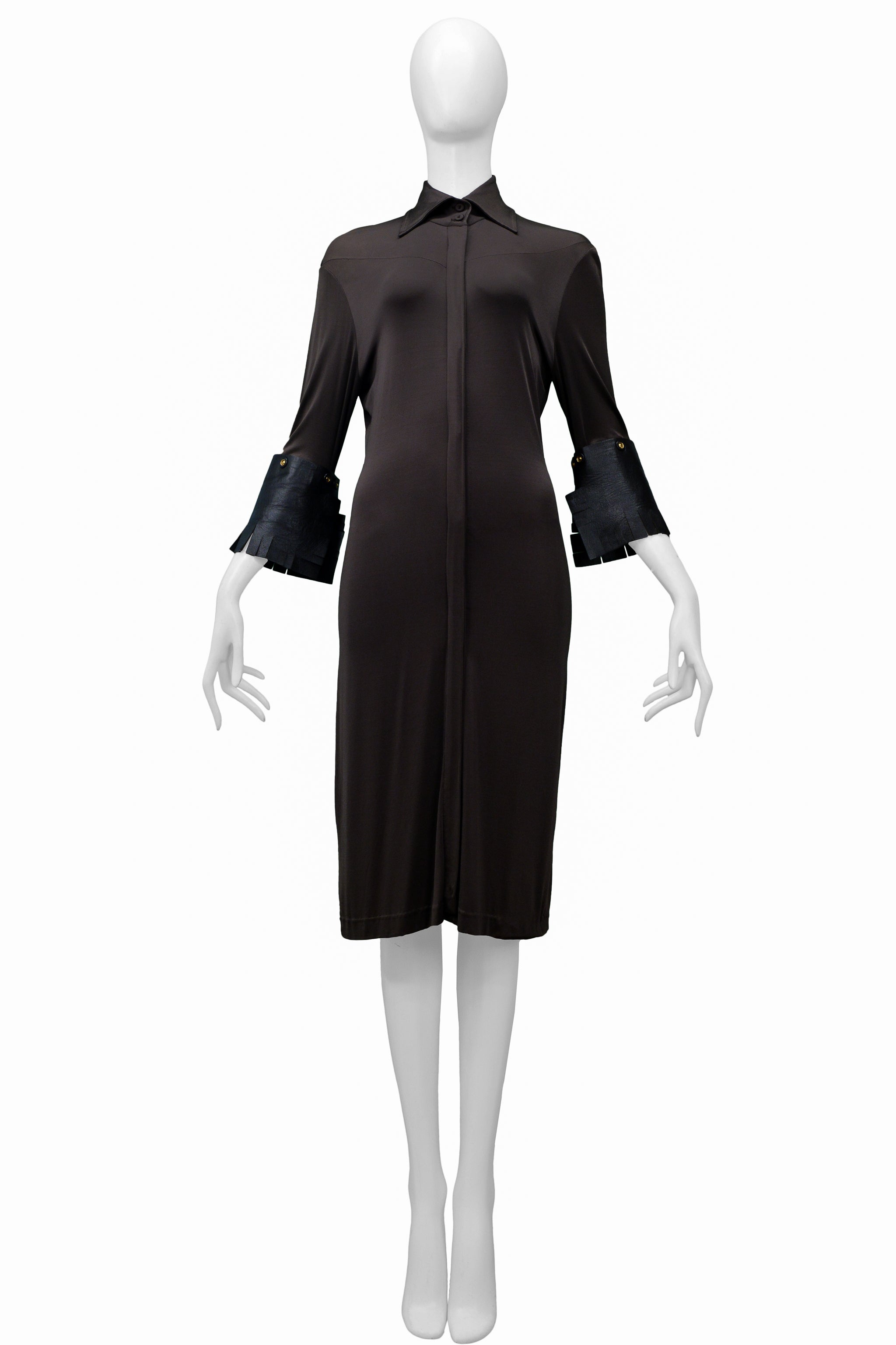 GIANFRANCO FERRE BROWN JERSEY DRESS WITH LEATHER CUFFS