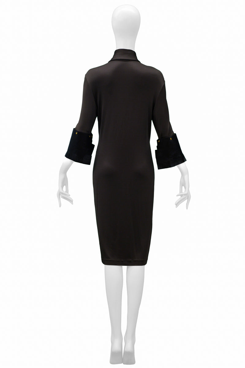 GIANFRANCO FERRE BROWN JERSEY DRESS WITH LEATHER CUFFS