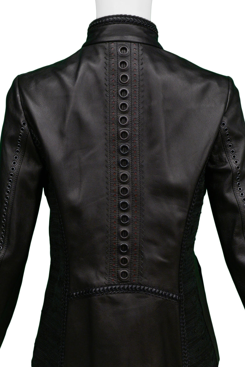 GIANFRANCO FERRE BLACK MOTORCYCLE LEATHER JACKET WITH FUR TRIM