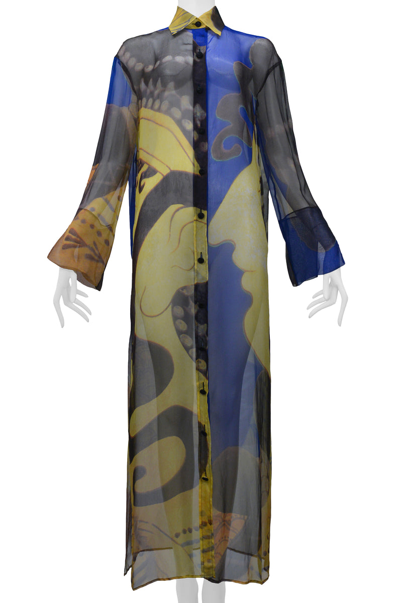 GIANFRANCO FERRE NAVY & GOLD CHIFFON CAFTAN SHIRT DRESS