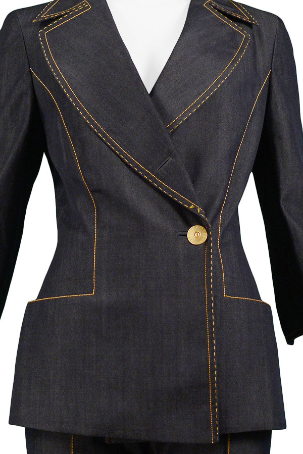 GIANFRANCO FERRE DENIM INSPIRED WOOL SUIT WITH YELLOW STITCHING 1999