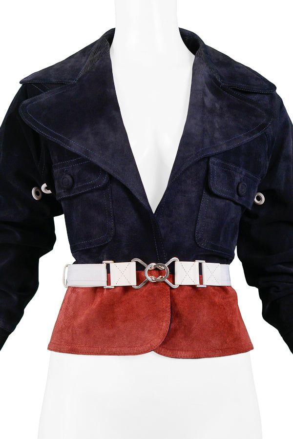 GIANFRANCO FERRE NAVY & BURGUNDY SUEDE BELTED JACKET