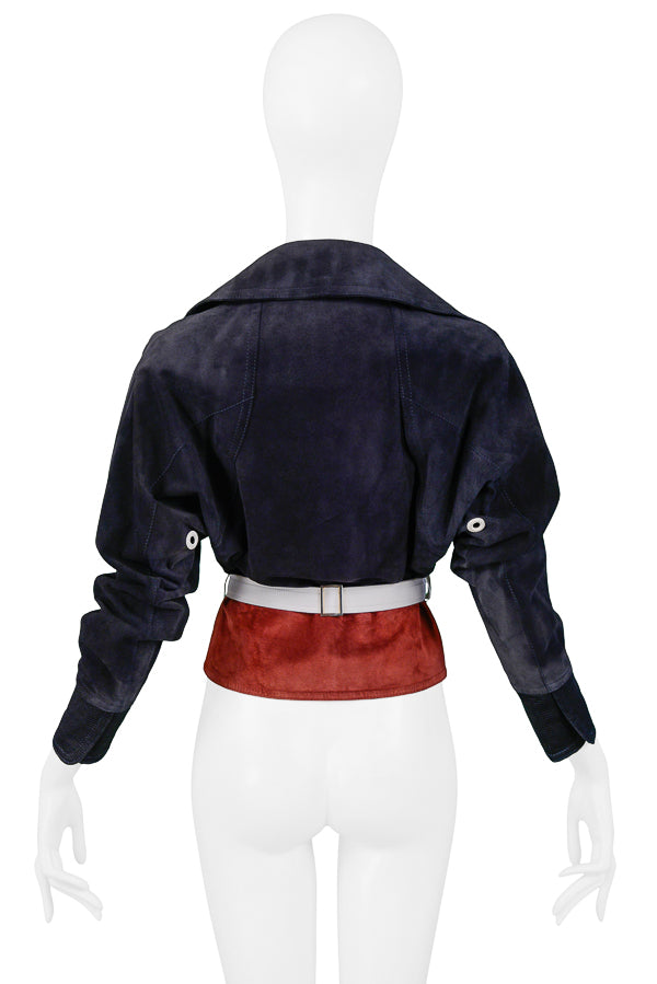 GIANFRANCO FERRE NAVY & BURGUNDY SUEDE BELTED JACKET