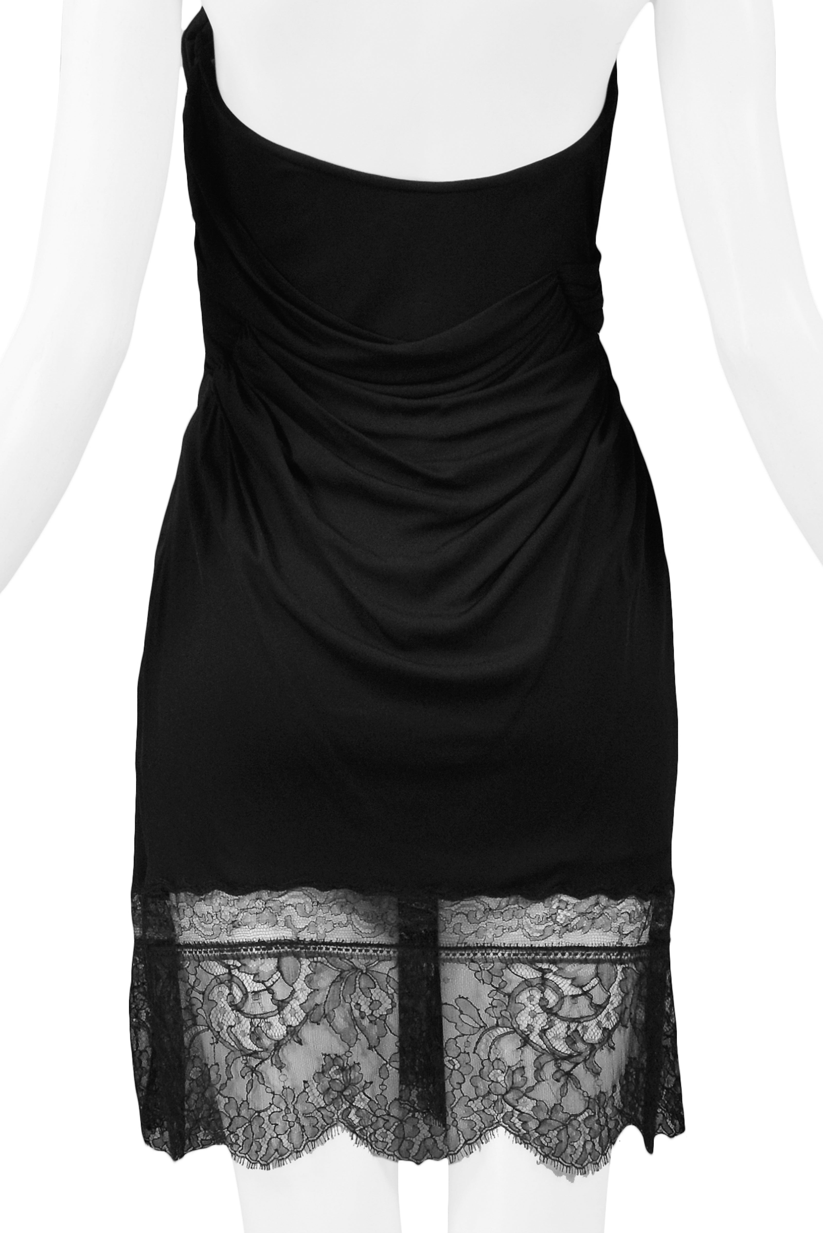 JOHN GALLIANO BLACK STRAPLESS TWIST DRESS WITH LACE TRIM AW 2010