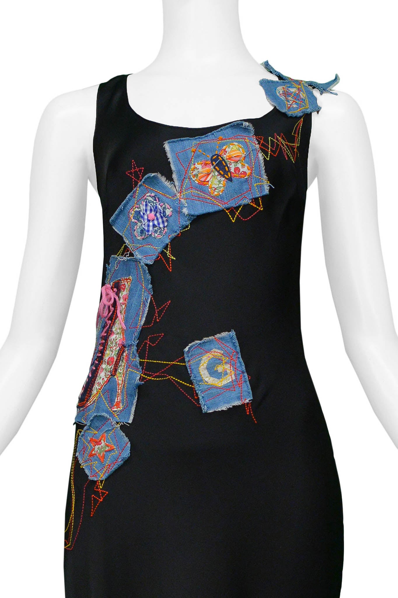 JOHN GALLIANO BLACK SATIN GOWN WITH PATCHWORK & EMBROIDERY