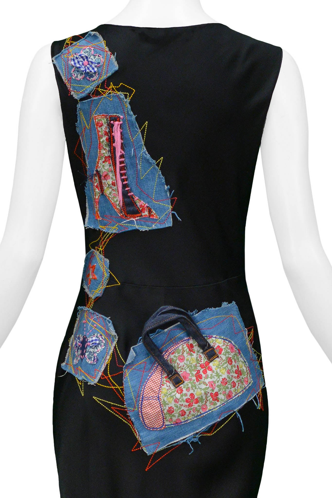 JOHN GALLIANO BLACK SATIN GOWN WITH PATCHWORK & EMBROIDERY