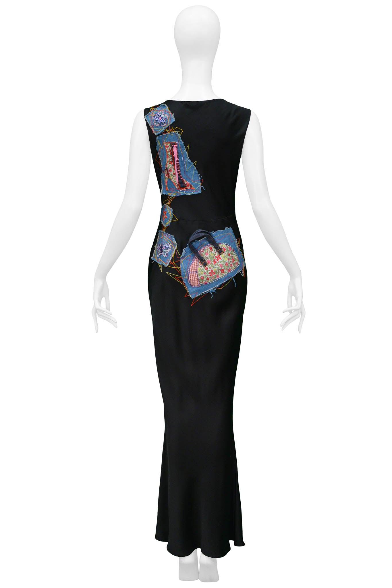 JOHN GALLIANO BLACK SATIN GOWN WITH PATCHWORK & EMBROIDERY