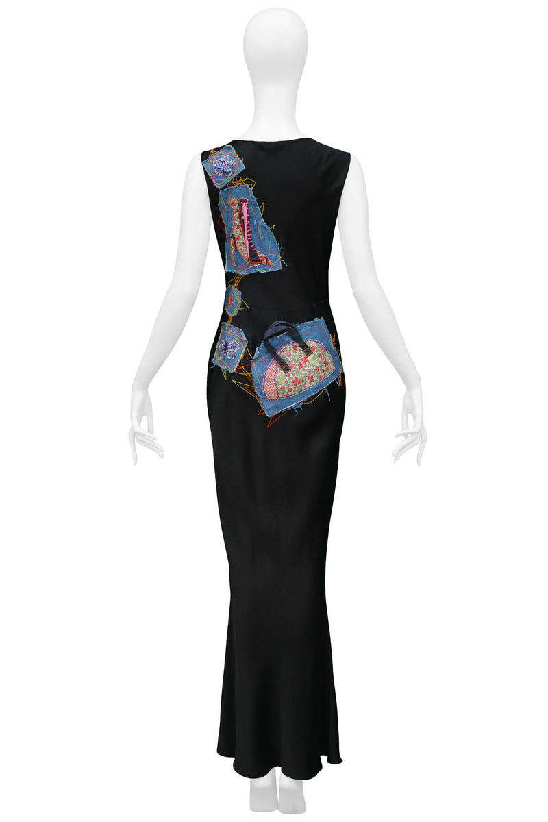 JOHN GALLIANO BLACK SATIN GOWN WITH PATCHWORK & EMBROIDERY
