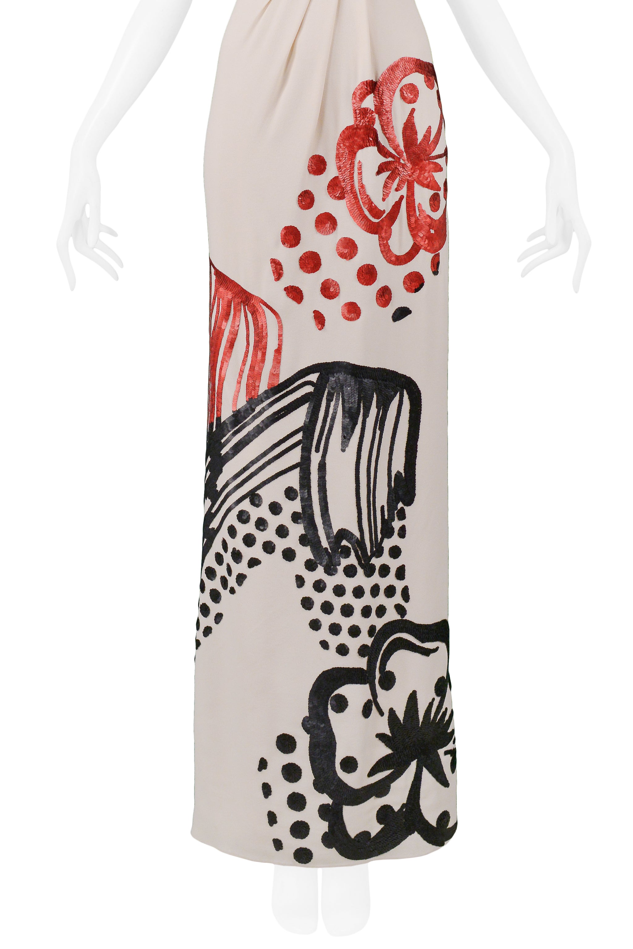 JOHN GALLIANO CREAM GOWN WITH BLACK & RED SEQUINS 2007