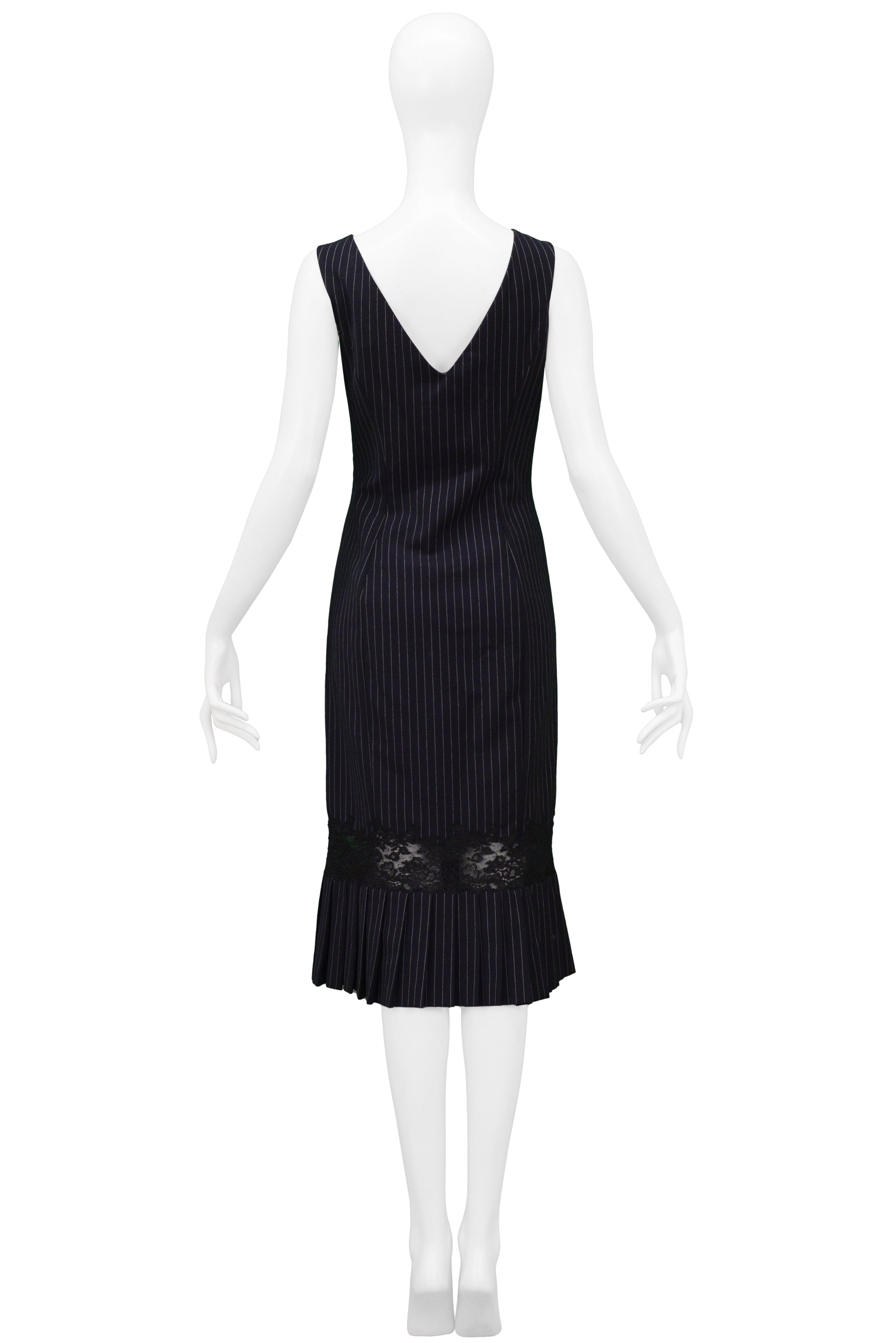 JOHN GALLIANO NAVY PINSTRIPE DRESS WITH LACE INSET