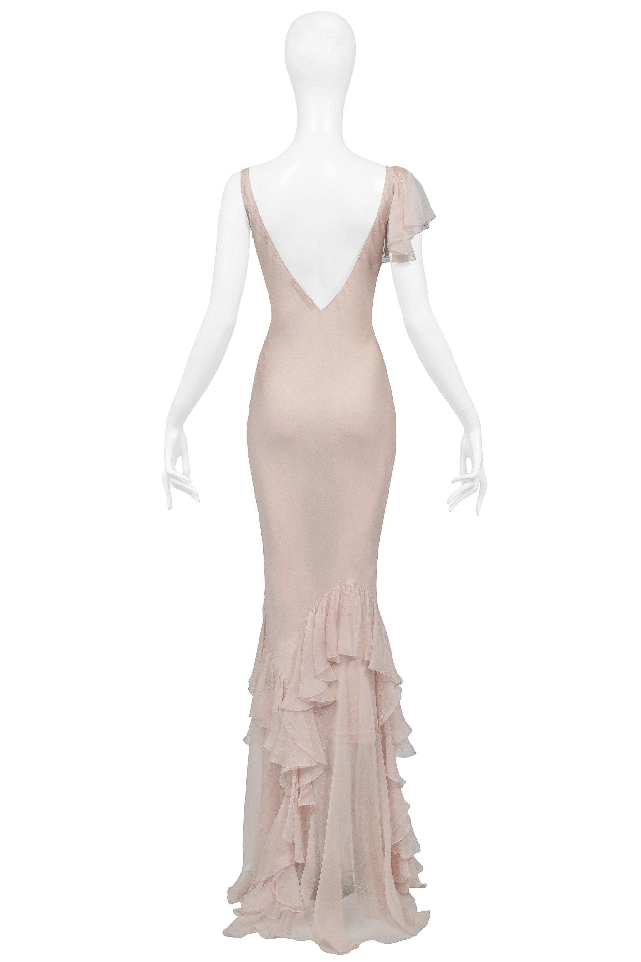 JOHN GALLIANO PINK BLUSH CHIFFON EVENING GOWN WITH RUFFLES