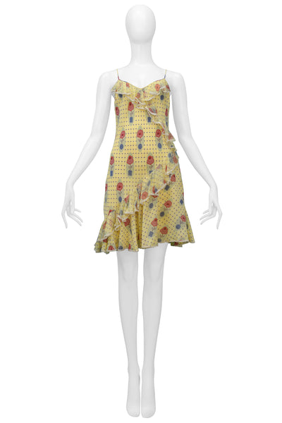 JOHN GALLIANO YELLOW CHECK SLIP DRESS WITH FLOWER