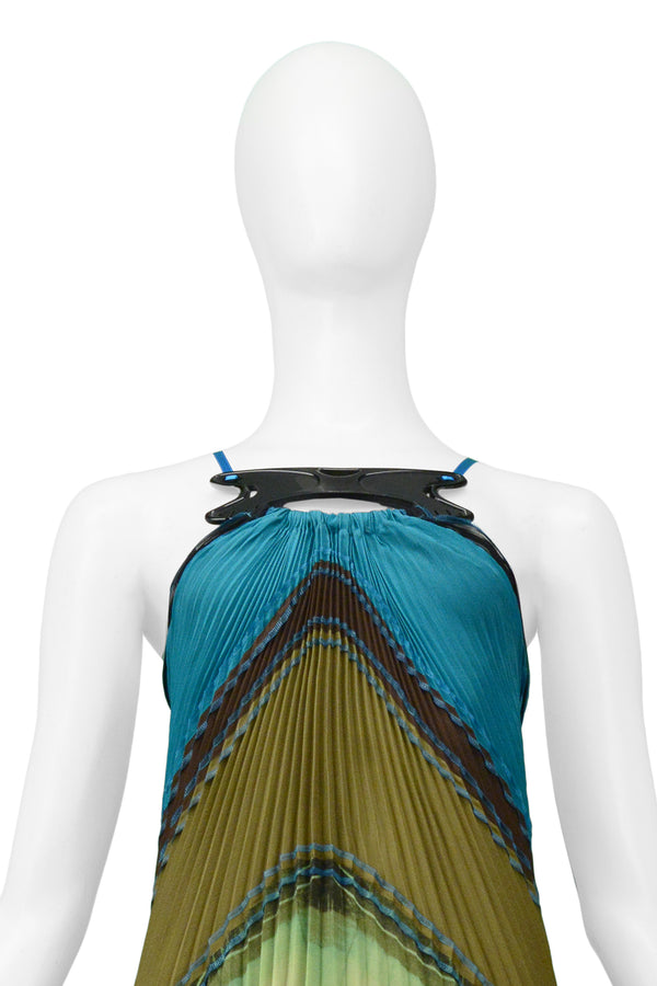GAULTIER 2005 FUTURISTIC PLEATED HALTER GOWN WITH ACRYLIC COLLAR