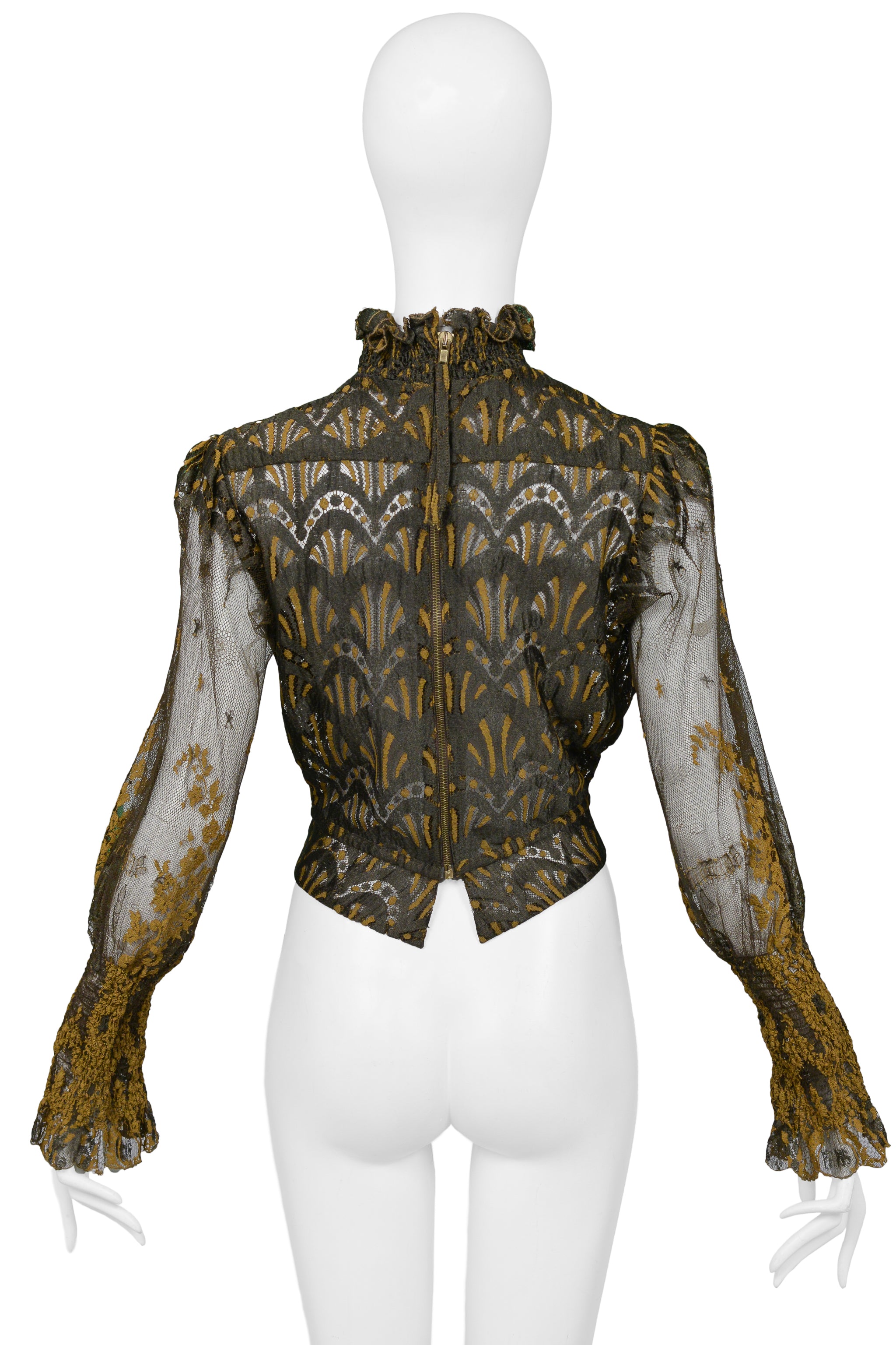 JEAN PAUL GAULTIER SS 1995 BROWN LACE BLOUSE W PUFF SLEEVES