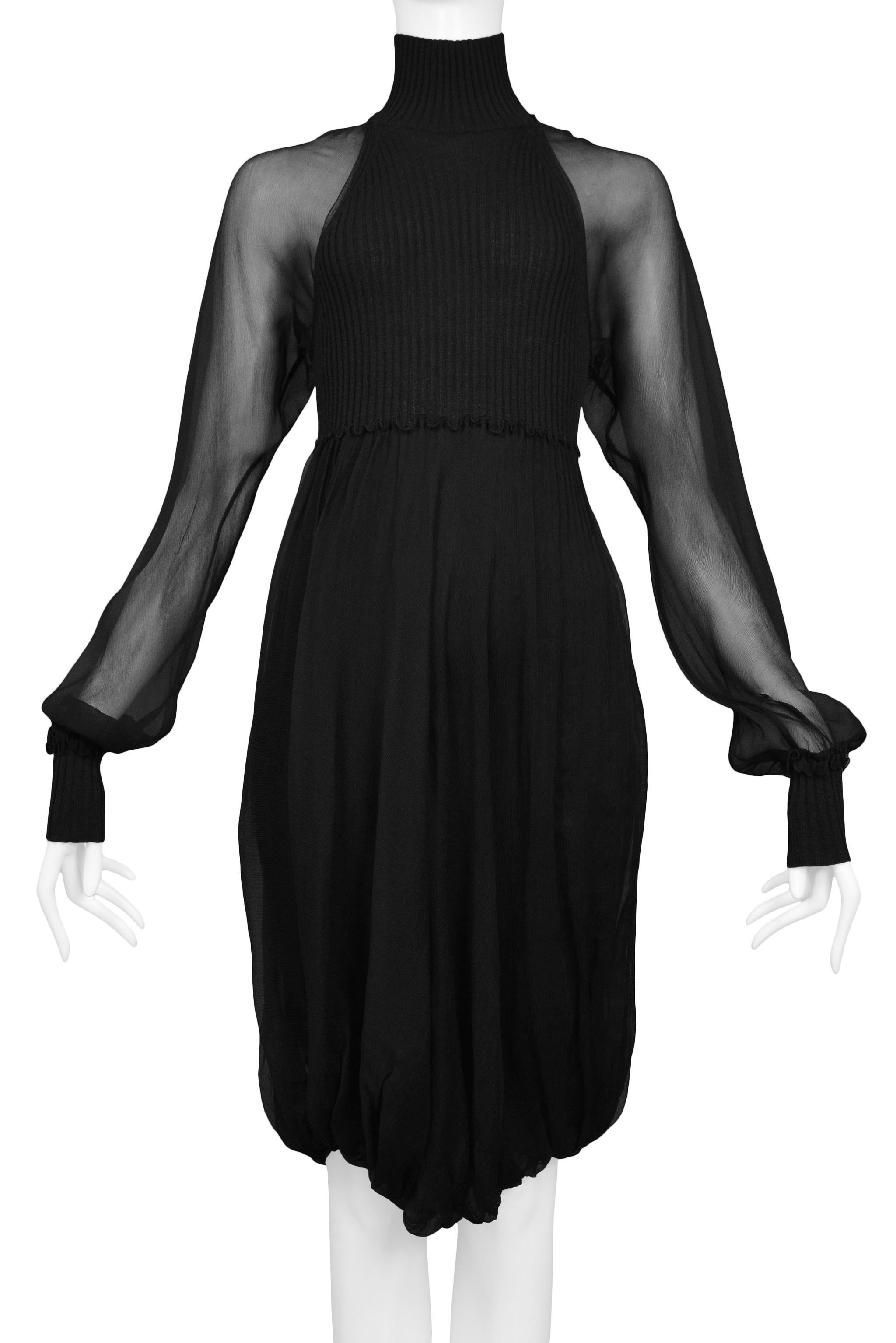 GAULTIER BLACK KNIT ILLUSION DRESS WITH CHIFFON OVERLAY & SLEEVES