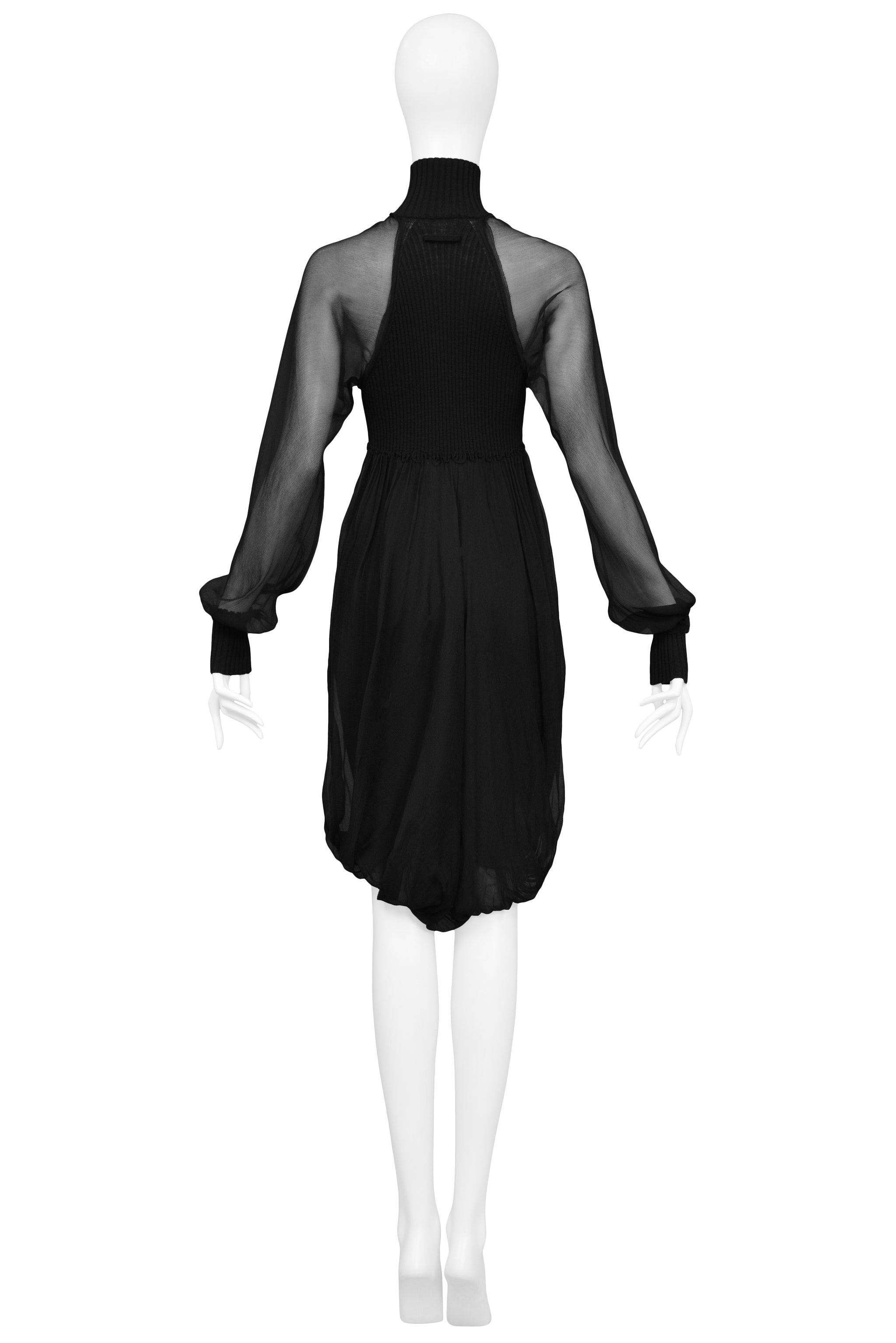 GAULTIER BLACK KNIT ILLUSION DRESS WITH CHIFFON OVERLAY & SLEEVES