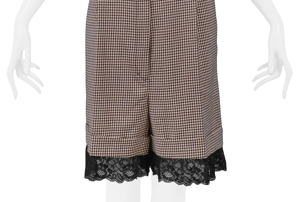 GAULTIER BROWN CHECK HIGH WAISTED SUSPENDER SHORTS