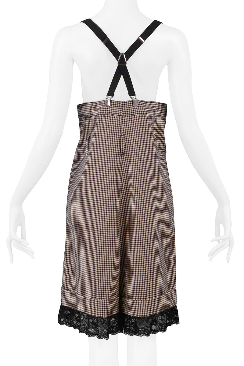 GAULTIER BROWN CHECK HIGH WAISTED SUSPENDER SHORTS