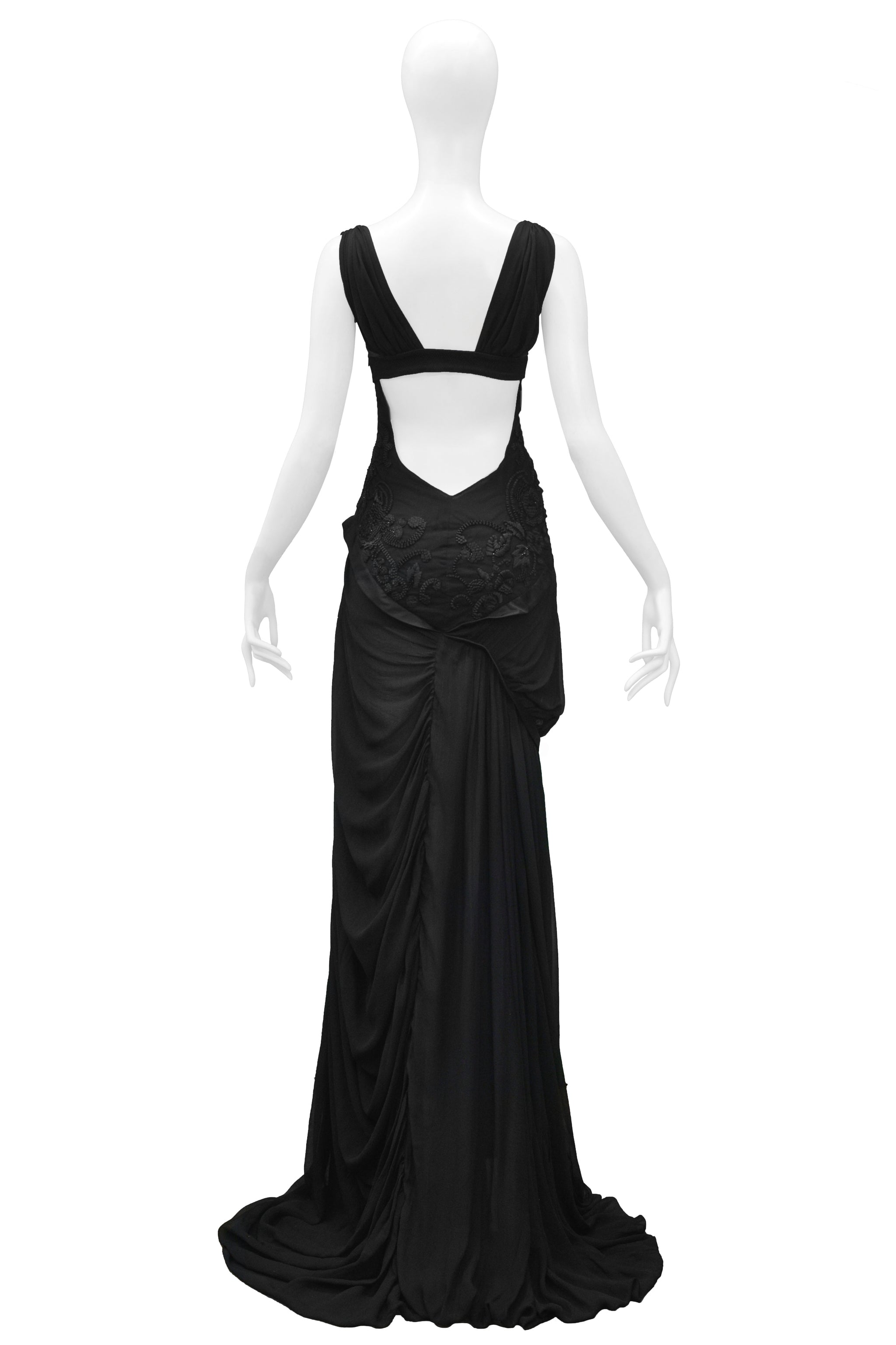 GUCCI BLACK FLORAL EMBROIDERED CUTOUT GOWN 2005