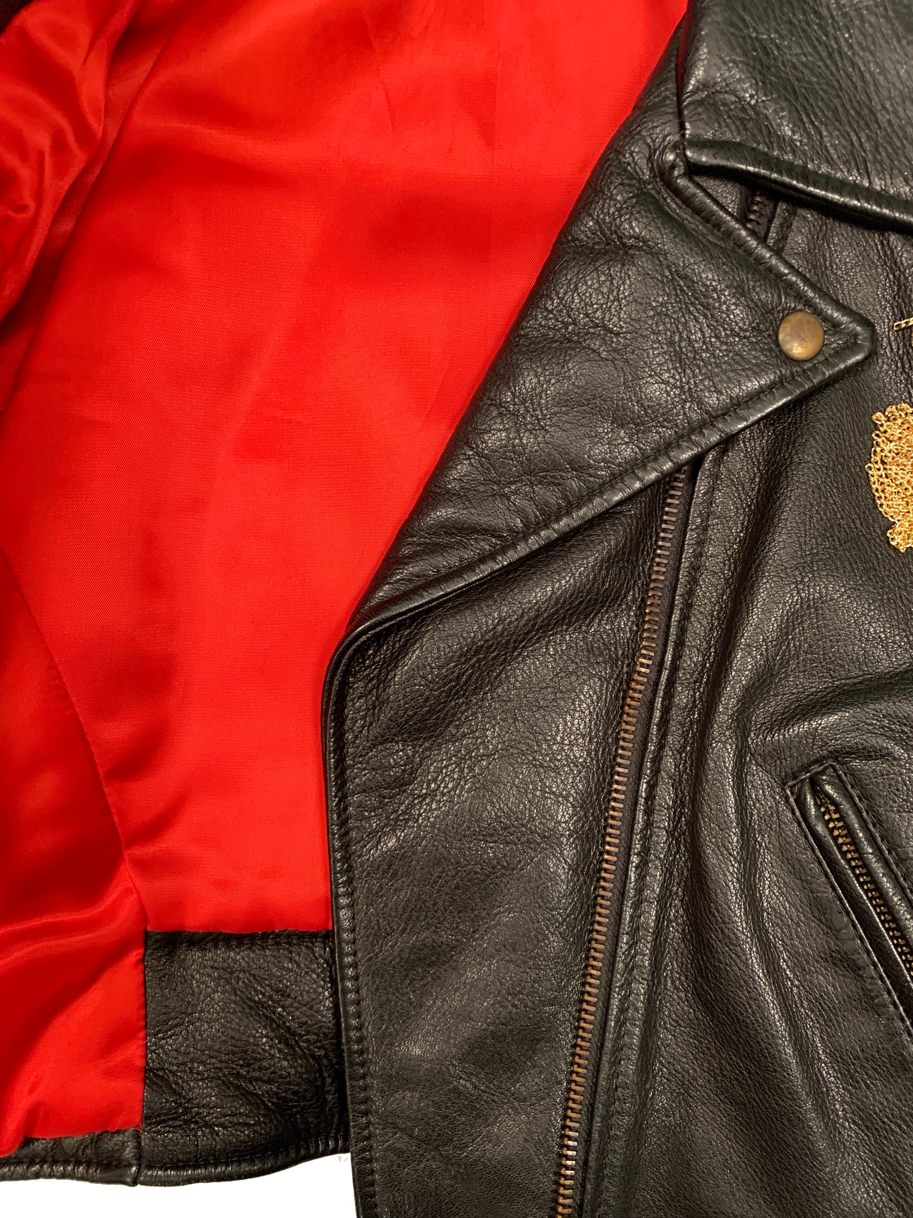 MOSCHINO BLACK LEATHER SKIRT SUIT WITH GOLD CHAIN TASSELS 1989