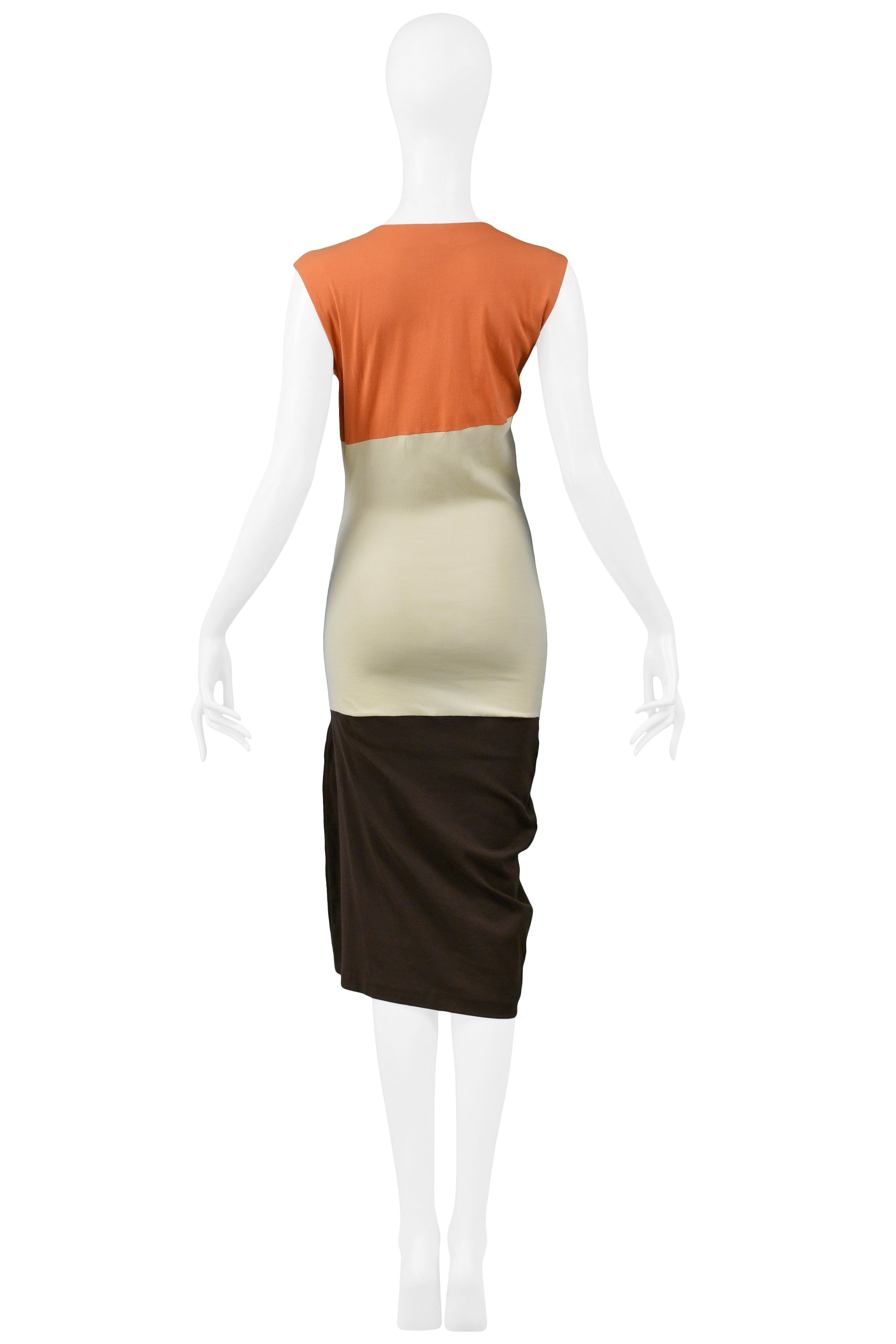 HELMUT LANG CORAL IVORY & BROWN COLOR BLOCK KNIT DRESS 1990