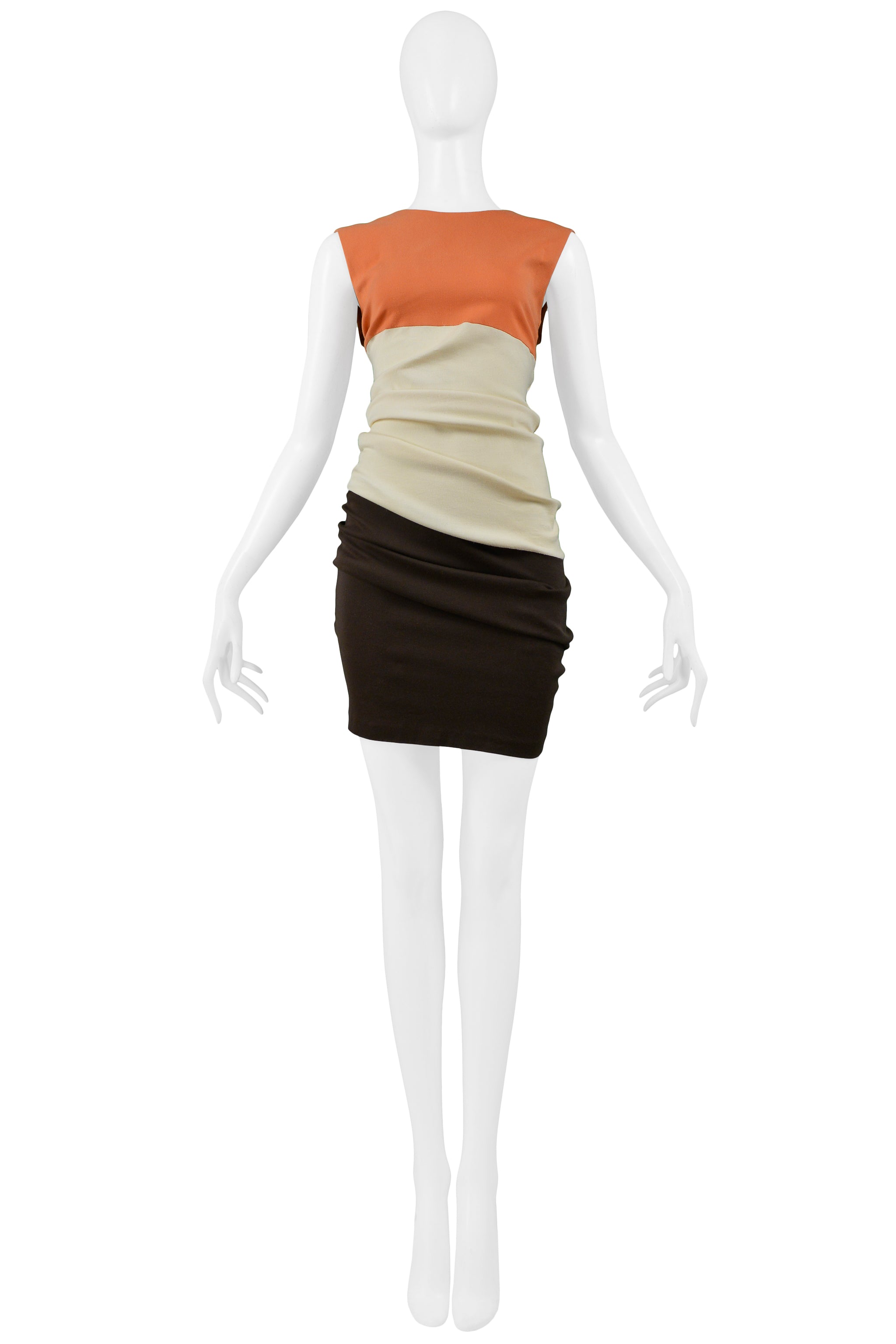 HELMUT LANG CORAL IVORY & BROWN COLOR BLOCK KNIT DRESS 1990