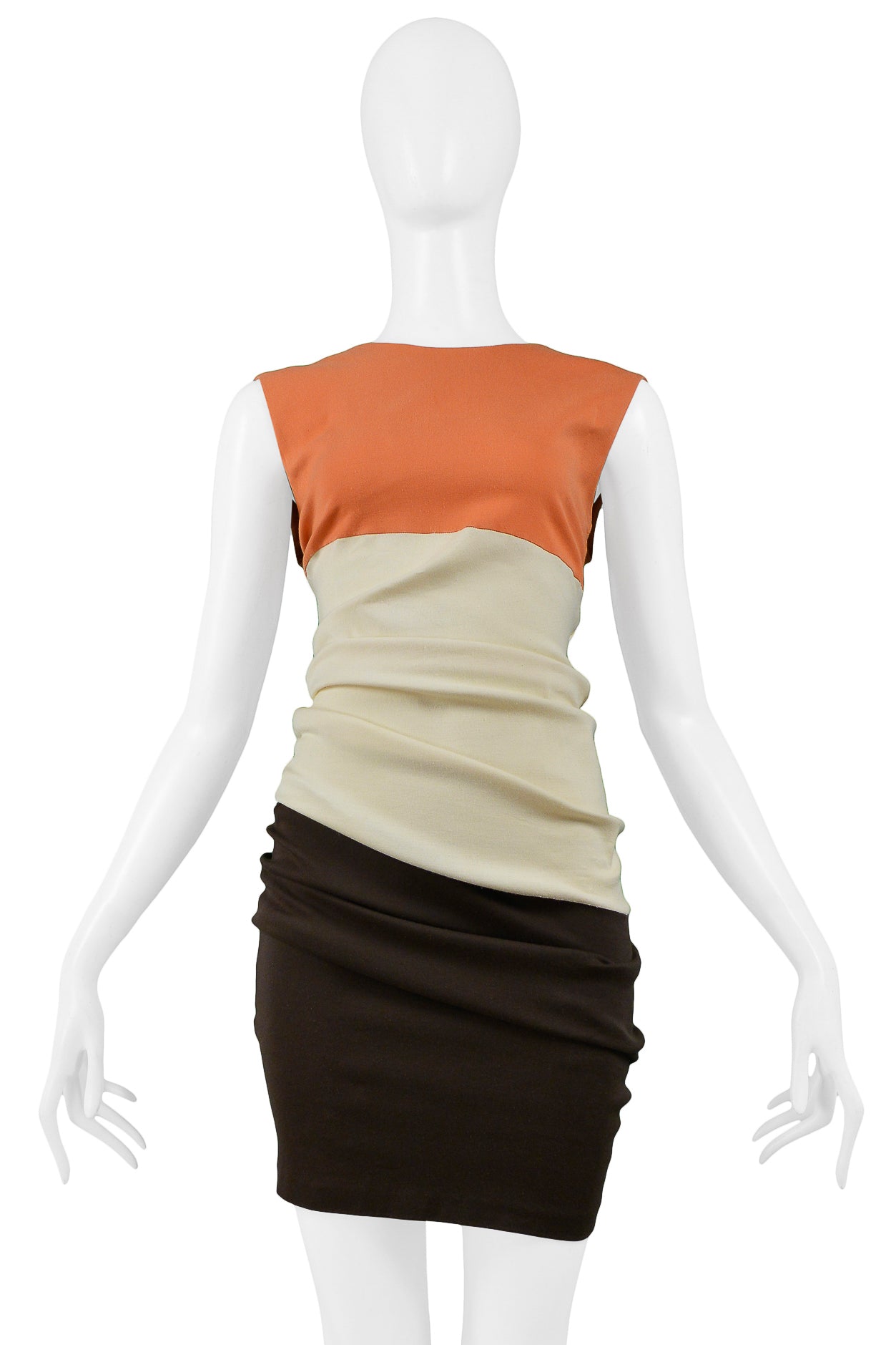 HELMUT LANG CORAL IVORY & BROWN COLOR BLOCK KNIT DRESS 1990