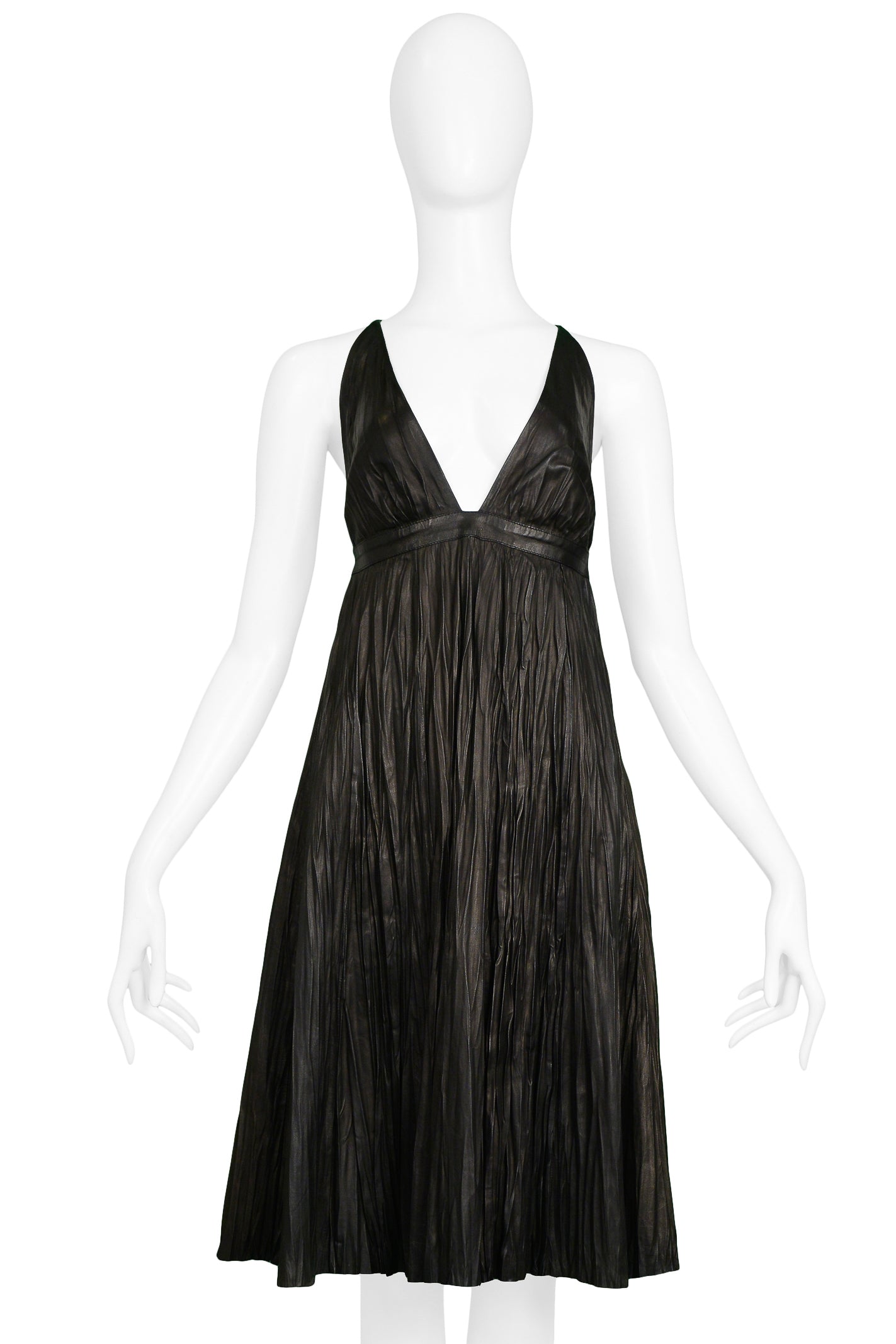 ALEXANDER MCQUEEN BLACK LEATHER FORTUNY CRINKLE DRESS 2006