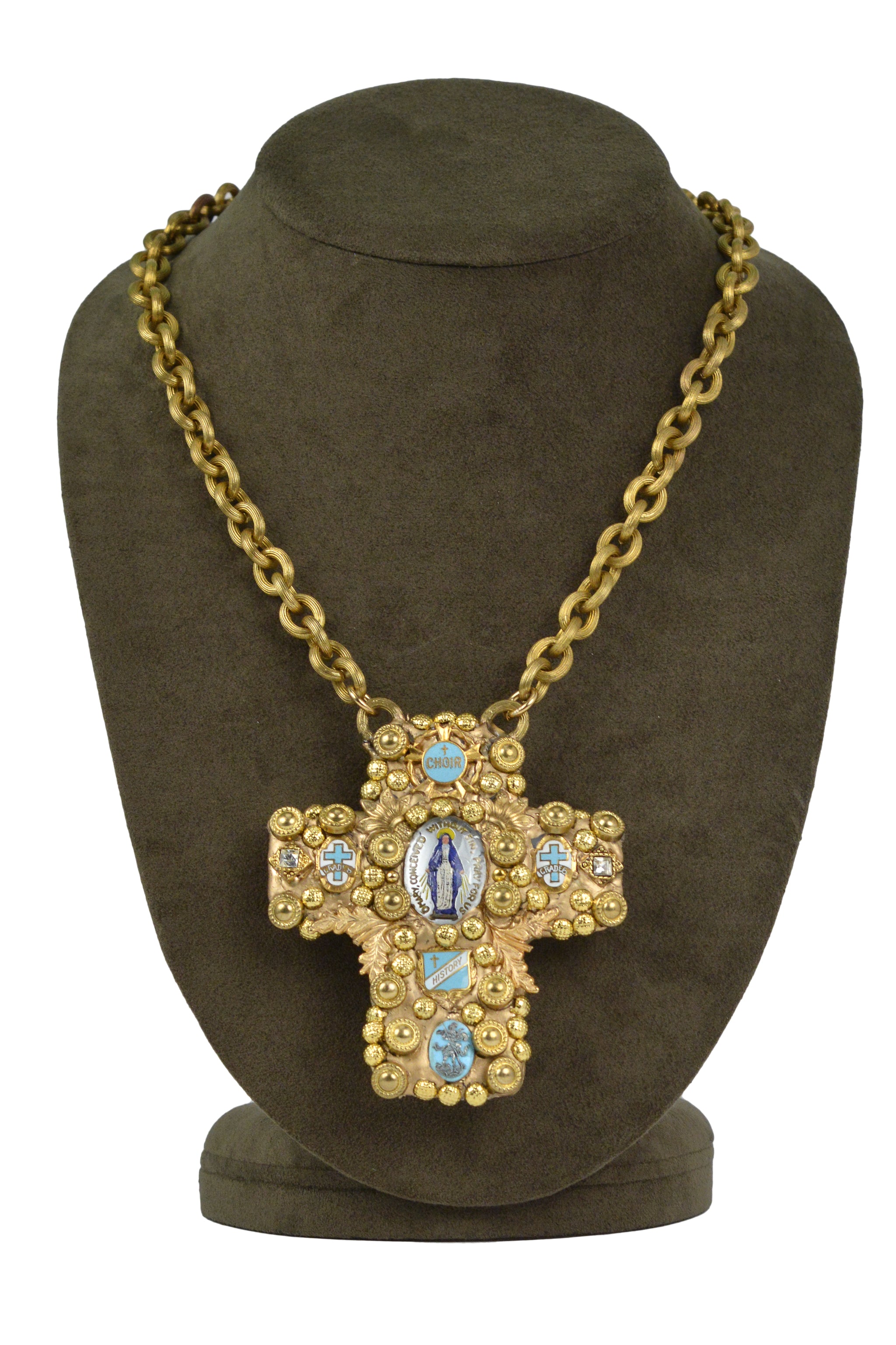 MINADEO VIRGIN MARY CROSS & ENAMEL MEDALS NECKLACE
