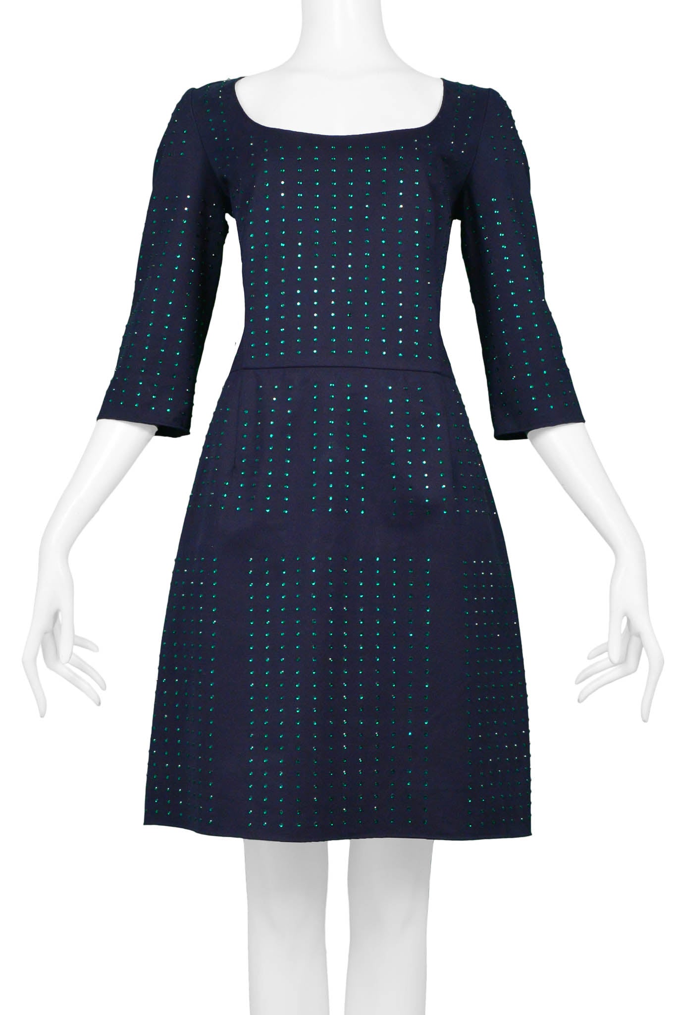 MIU MIU NAVY MINI DRESS WITH GREEN RHINESTONES