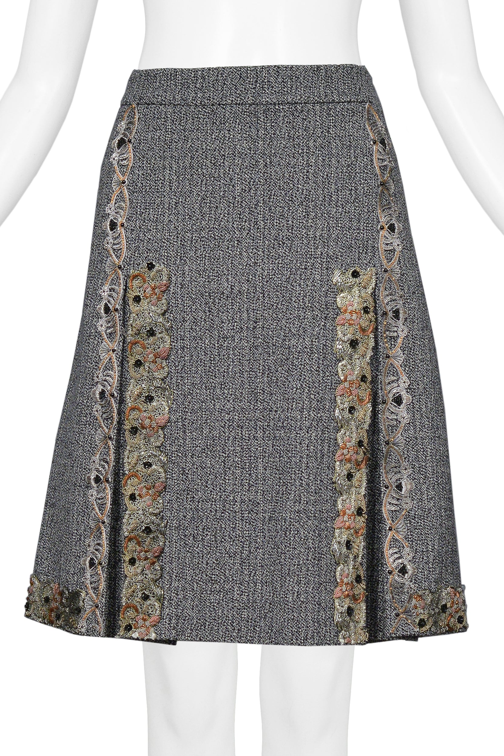 MIU MIU GREY TWEED HEAVILY EMBELLISHED WITH BOX PLEAT SKIRT 2004