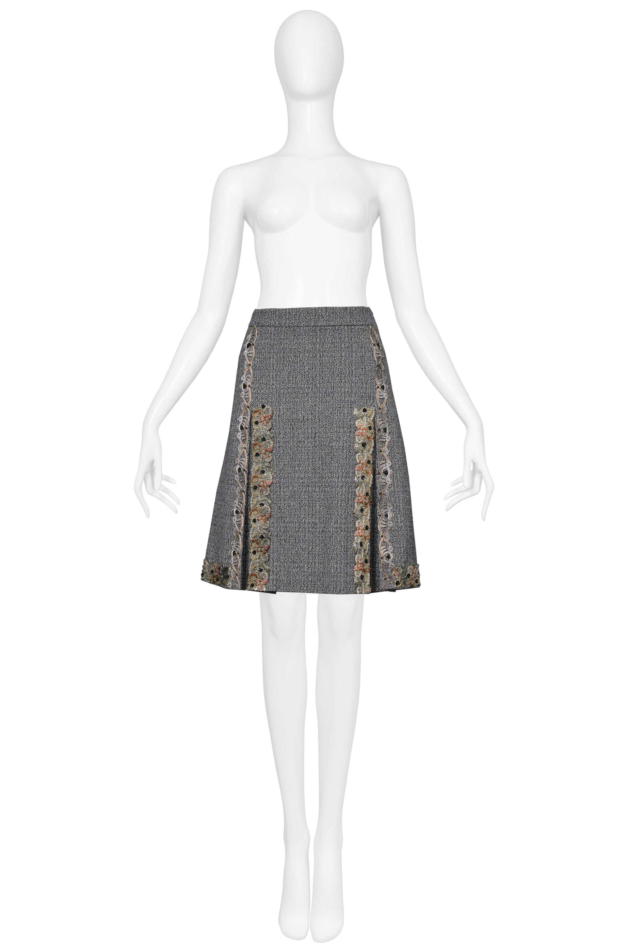 MIU MIU GREY TWEED HEAVILY EMBELLISHED WITH BOX PLEAT SKIRT 2004
