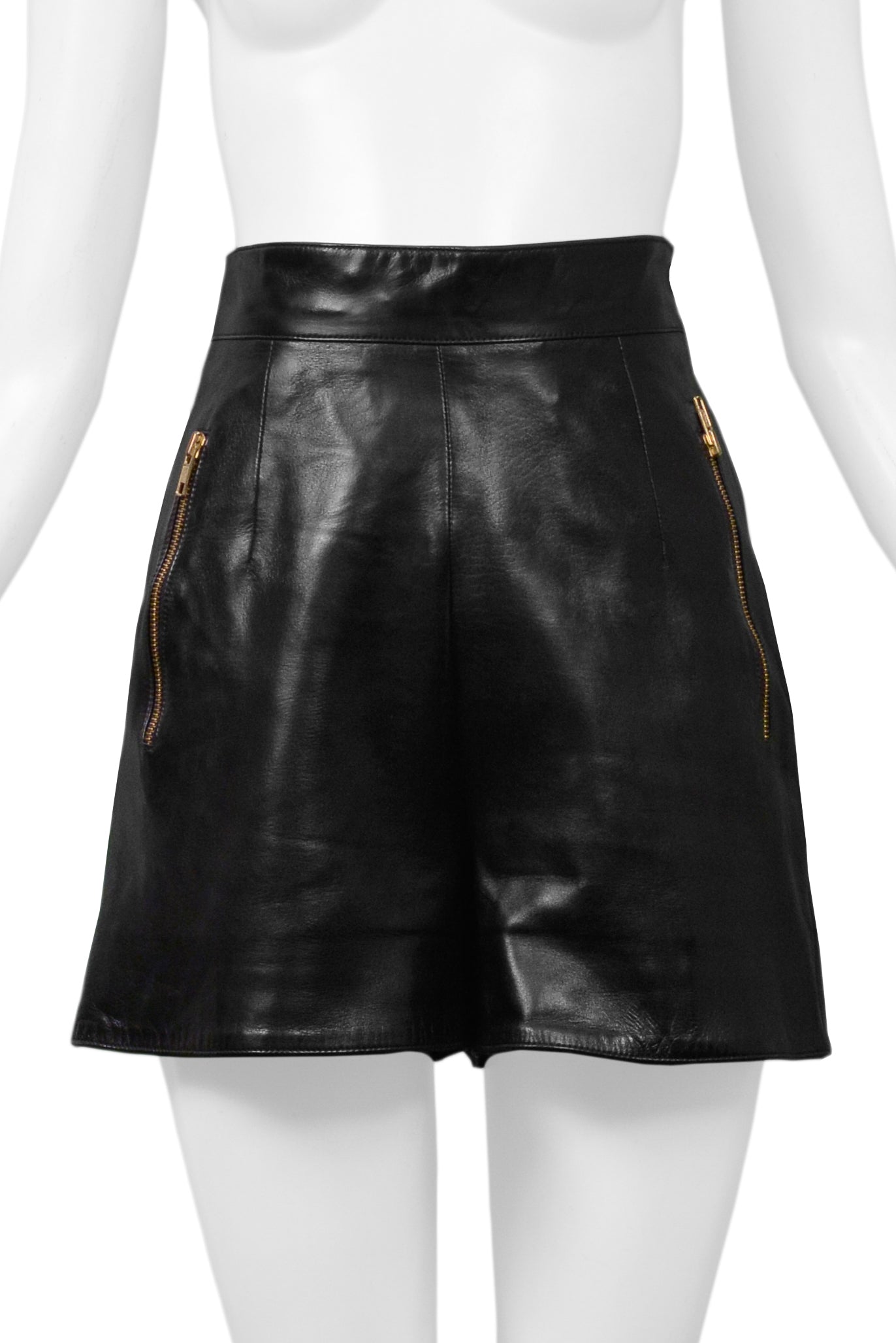 CLAUDE MONTANA BLACK LEATHER SHORTS
