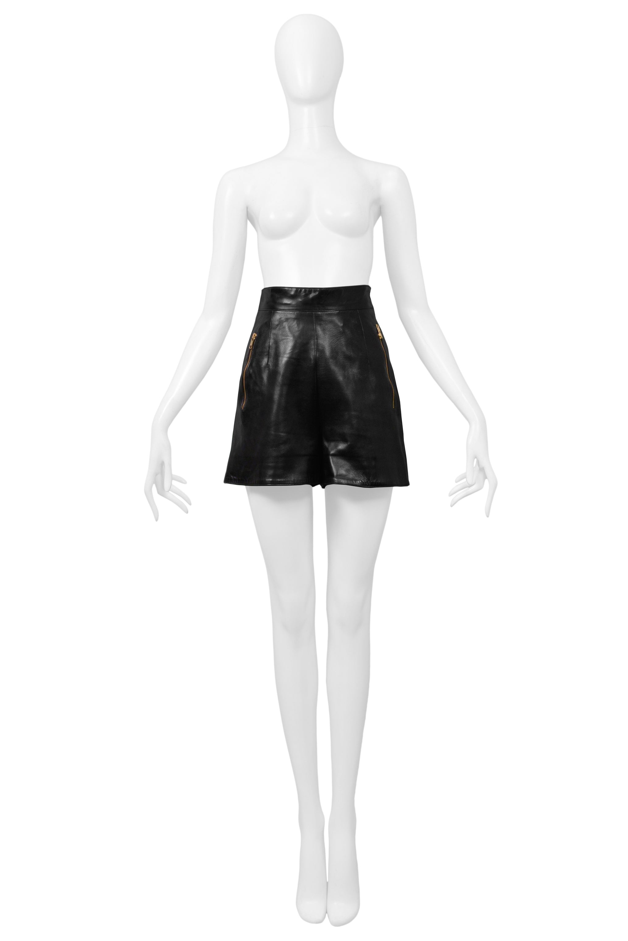 CLAUDE MONTANA BLACK LEATHER SHORTS