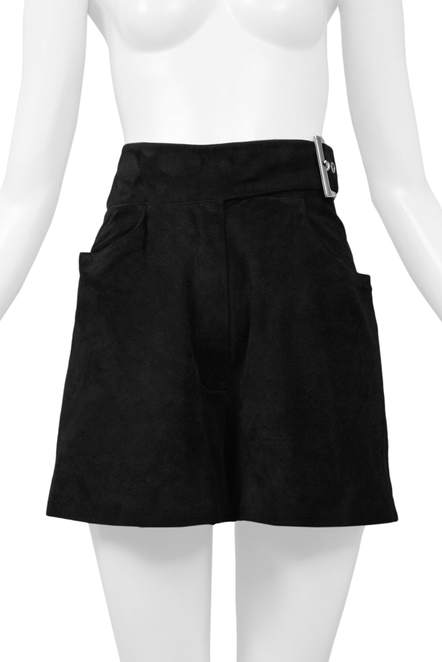 CLAUDE MONTANA BLACK SUEDE BELTED SHORTS WITH SILVER BUCKLE