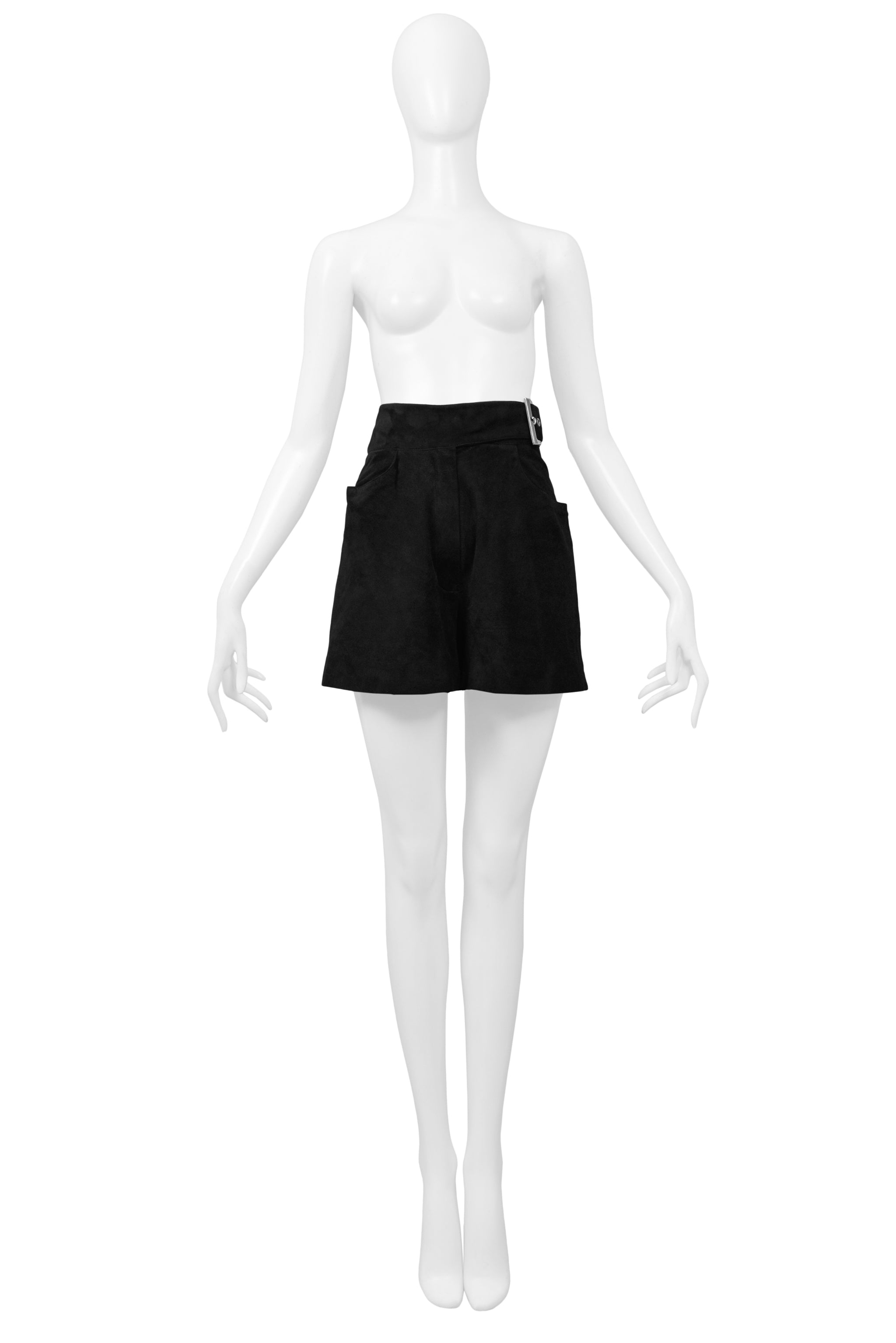 CLAUDE MONTANA BLACK SUEDE BELTED SHORTS WITH SILVER BUCKLE
