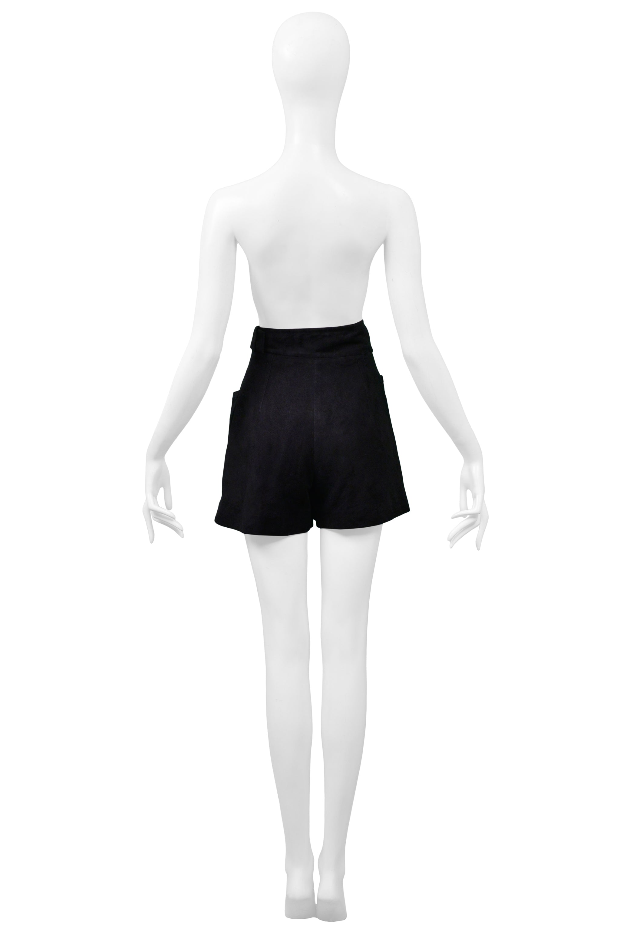 CLAUDE MONTANA BLACK SUEDE BELTED SHORTS WITH SILVER BUCKLE