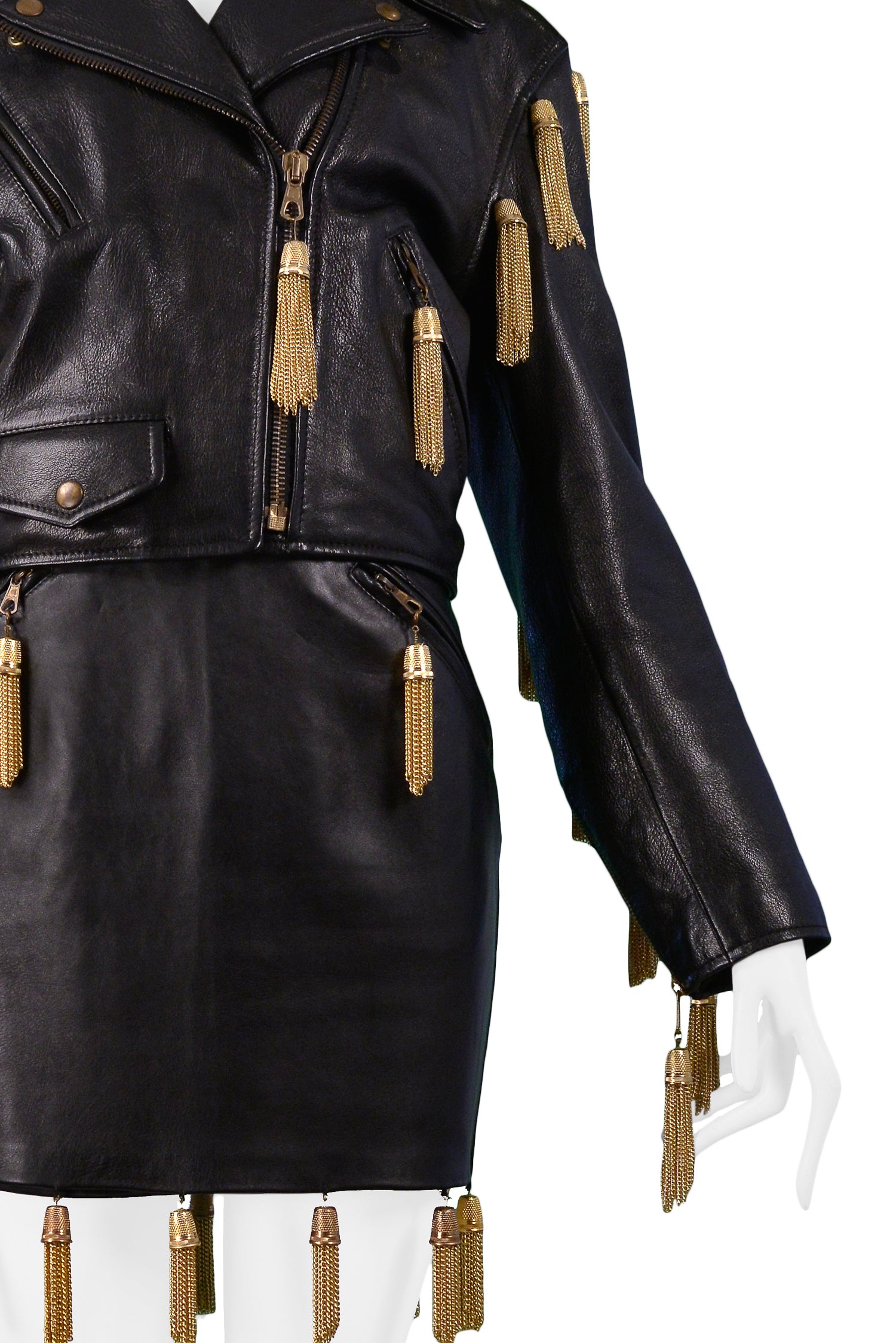 MOSCHINO BLACK LEATHER SKIRT SUIT WITH GOLD CHAIN TASSELS 1989