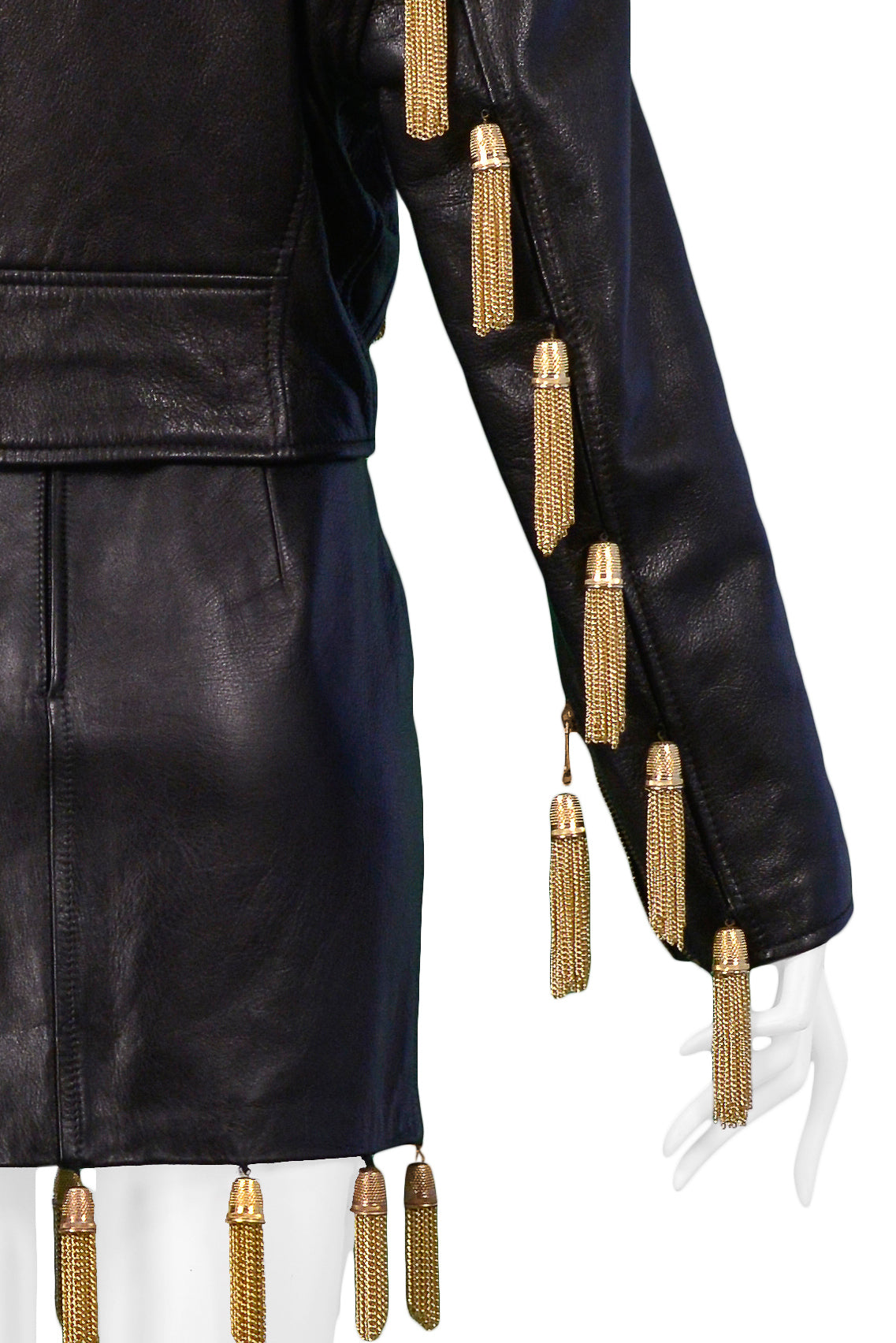 MOSCHINO BLACK LEATHER SKIRT SUIT WITH GOLD CHAIN TASSELS 1989