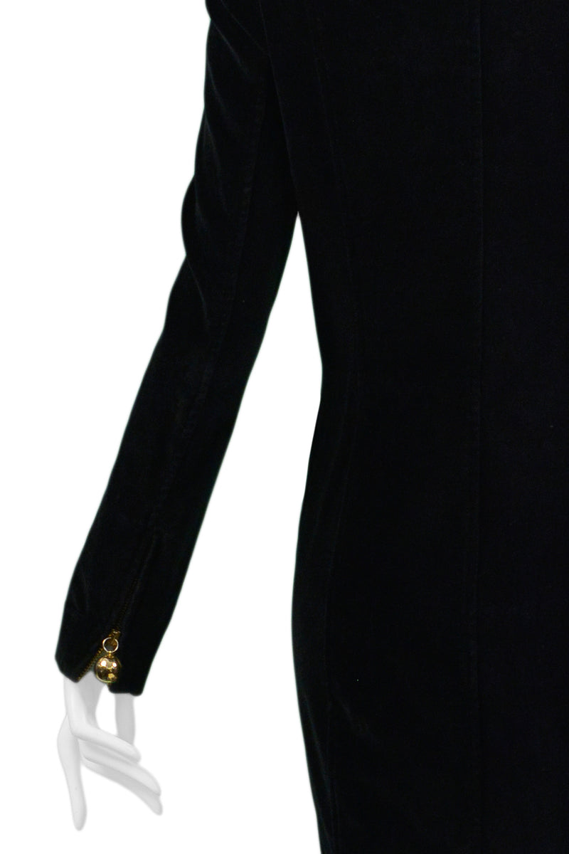 MOSCHINO BLACK VELVET ZIP COAT DRESS WITH GOLD BALLS