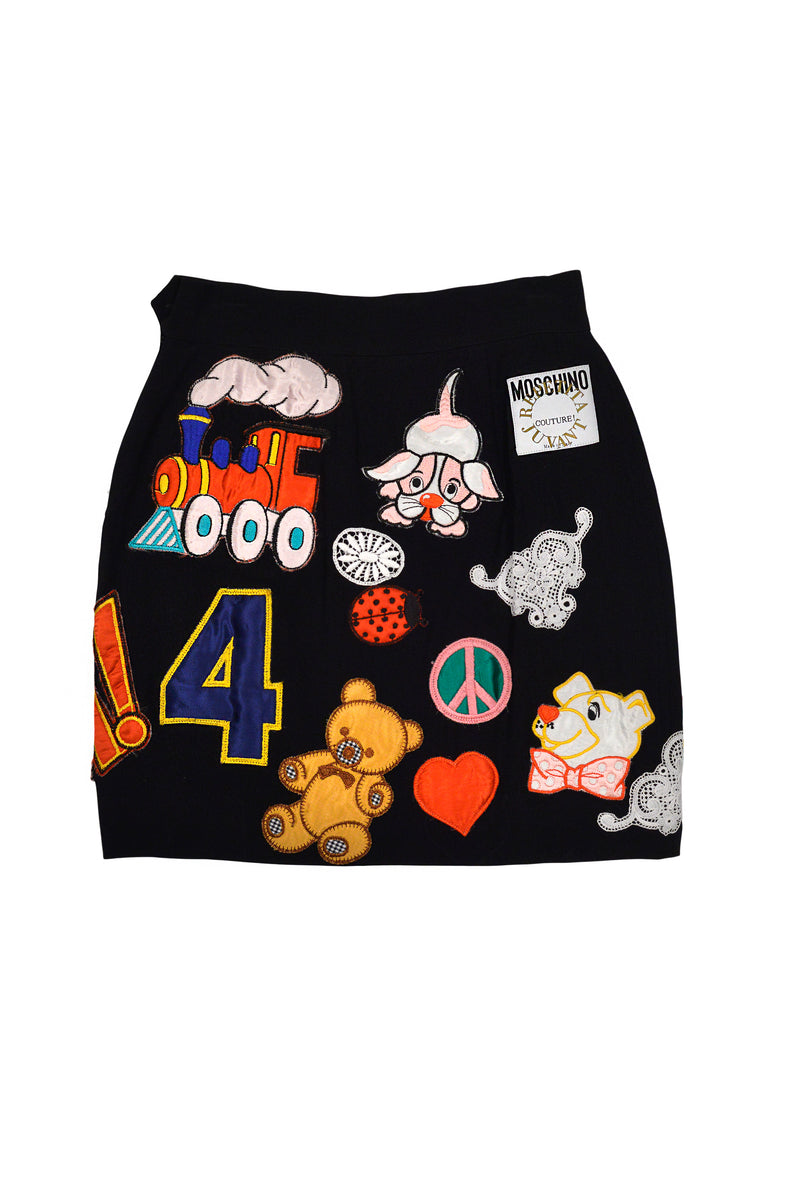 MOSCHINO 1993/94 MULTICOLOR ''WHAM'' PATCH SKIRT & BUSTIER ENSEMBLE