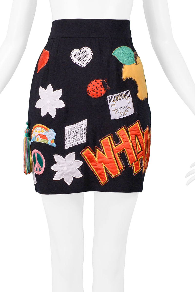MOSCHINO 1993/94 MULTICOLOR ''WHAM'' PATCH SKIRT & BUSTIER ENSEMBLE